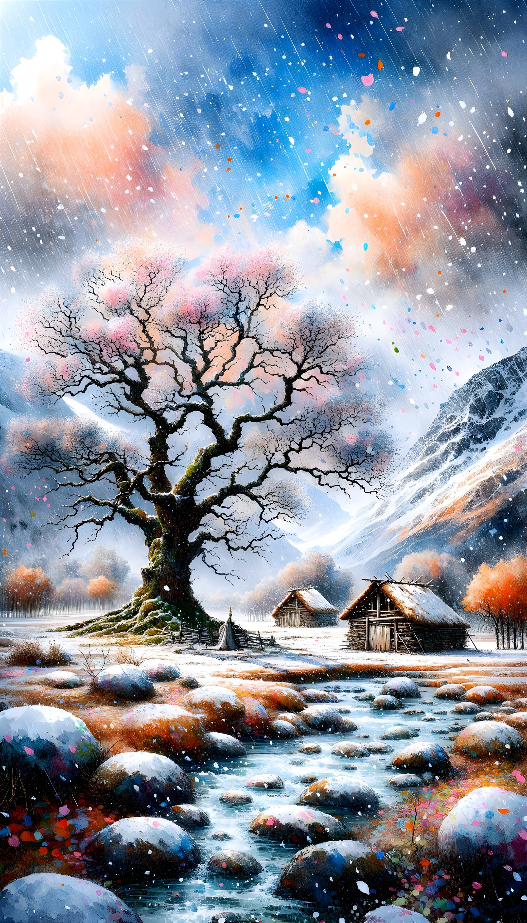 Solitary Tree and Scenic Landscape with Huts
