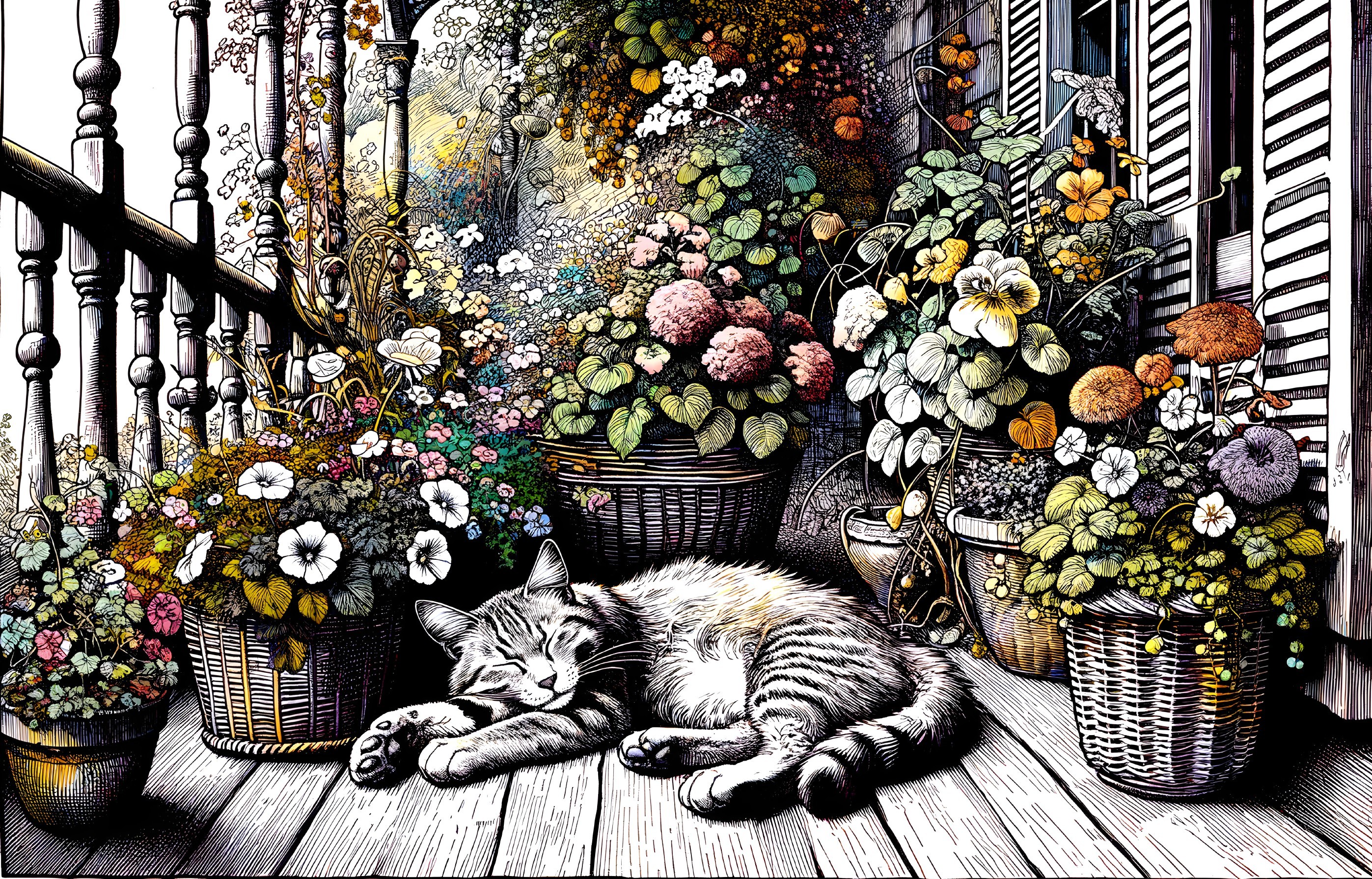 Black and white illustration of a cat beside potted plants