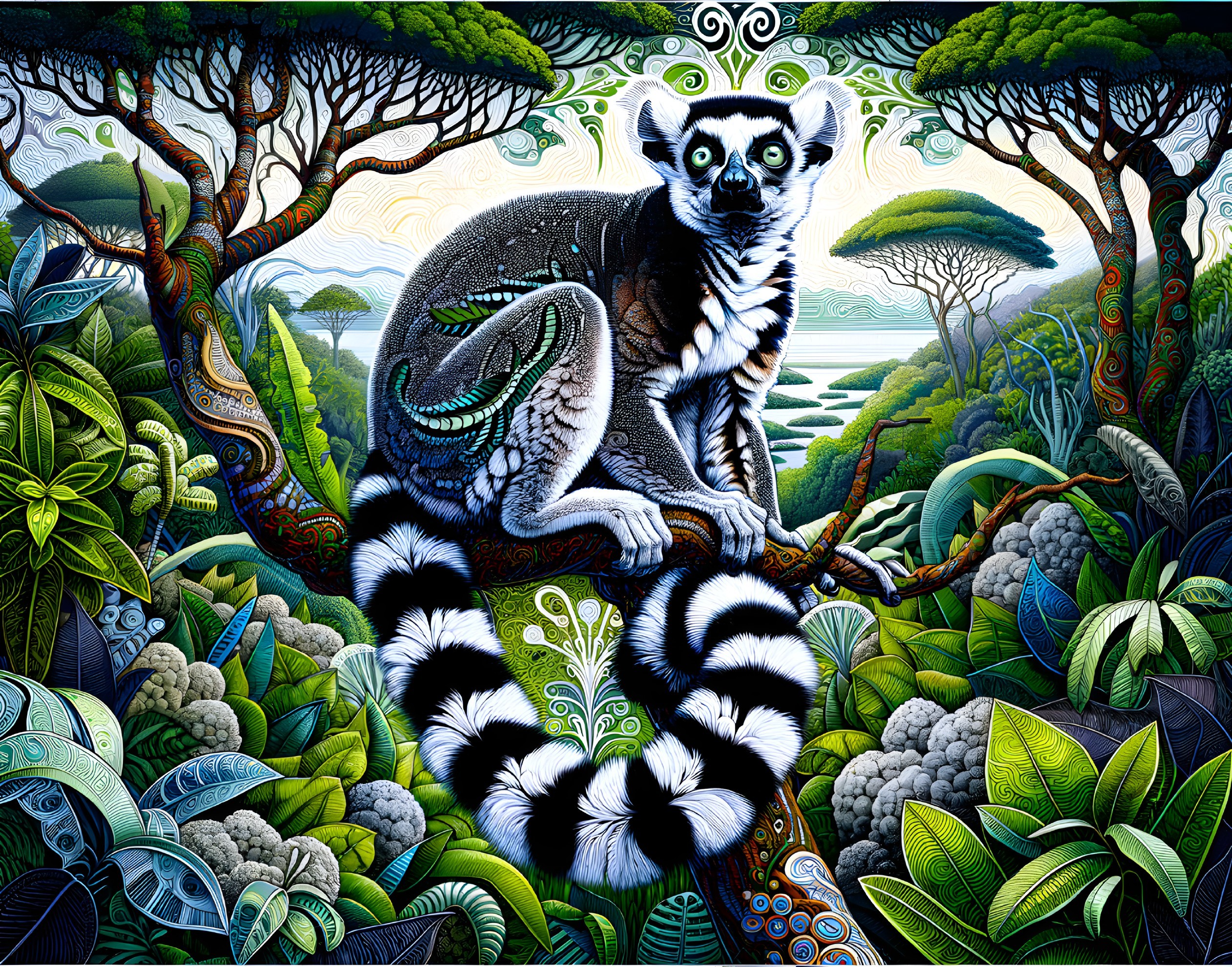 Lemur on Tree Branch in Vibrant Jungle Setting
