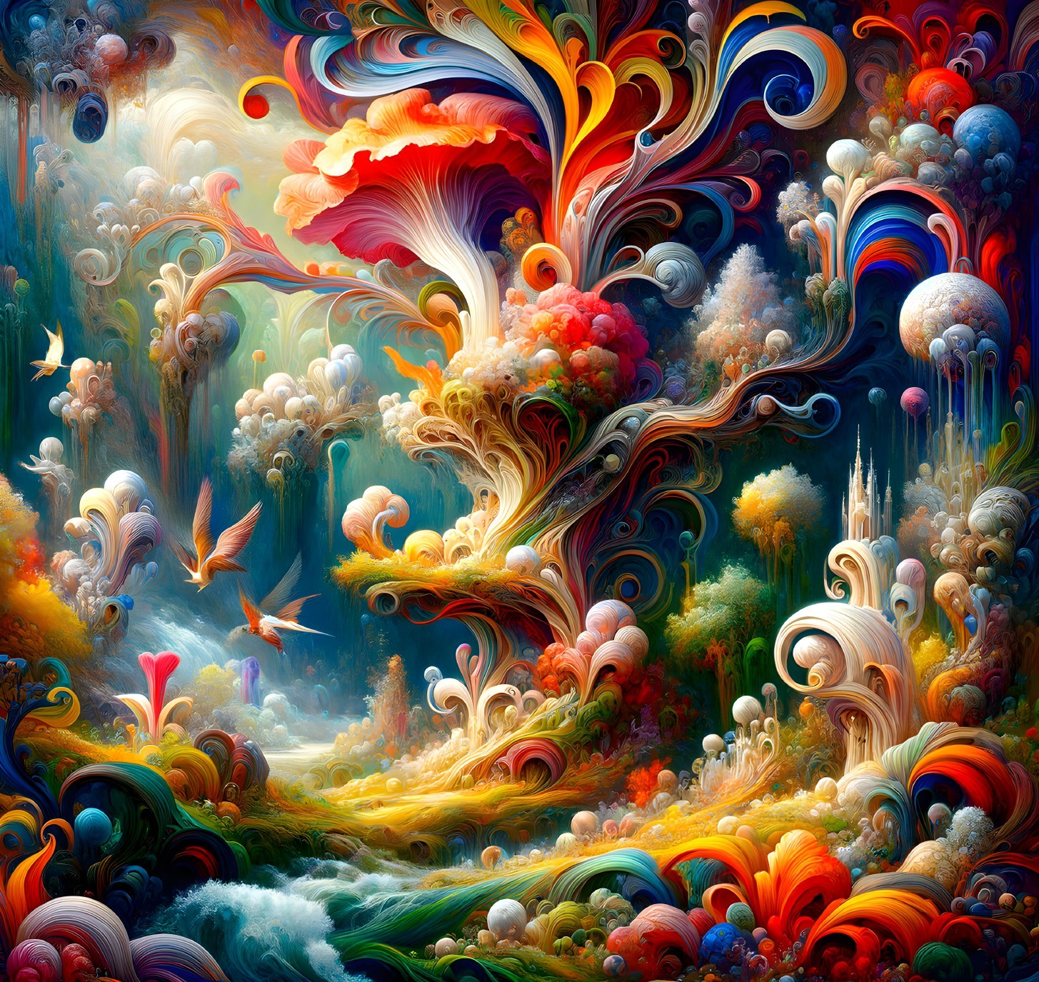 Surreal Landscape with Colorful Patterns and Trees