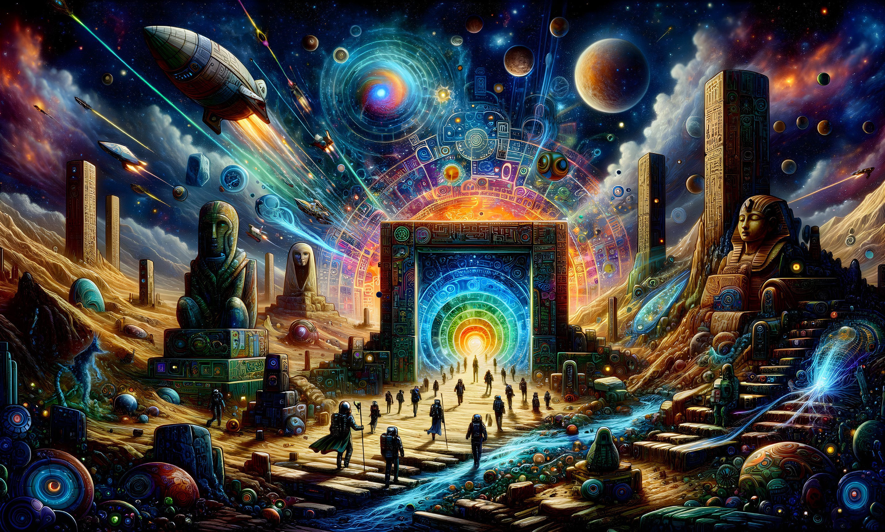 Vibrant Cosmic Landscape with Portal and Celestial Bodies