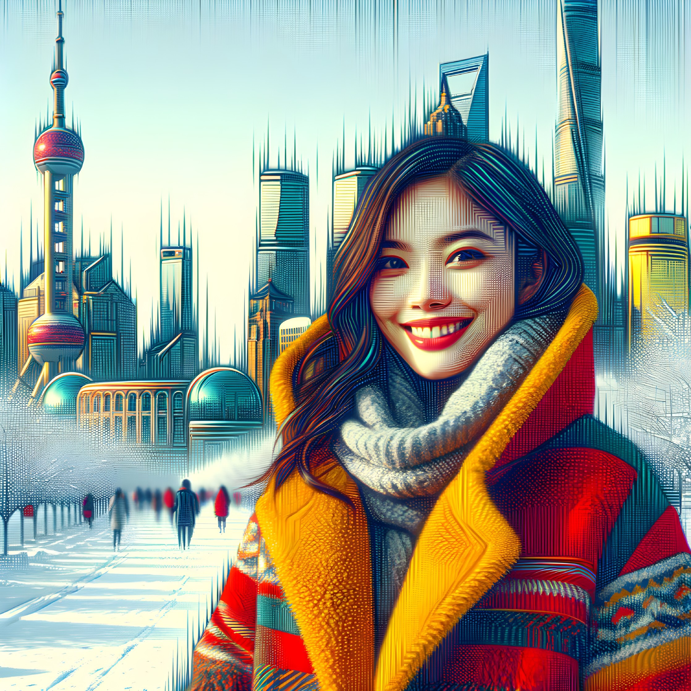 Young woman in colorful coat with futuristic skyline