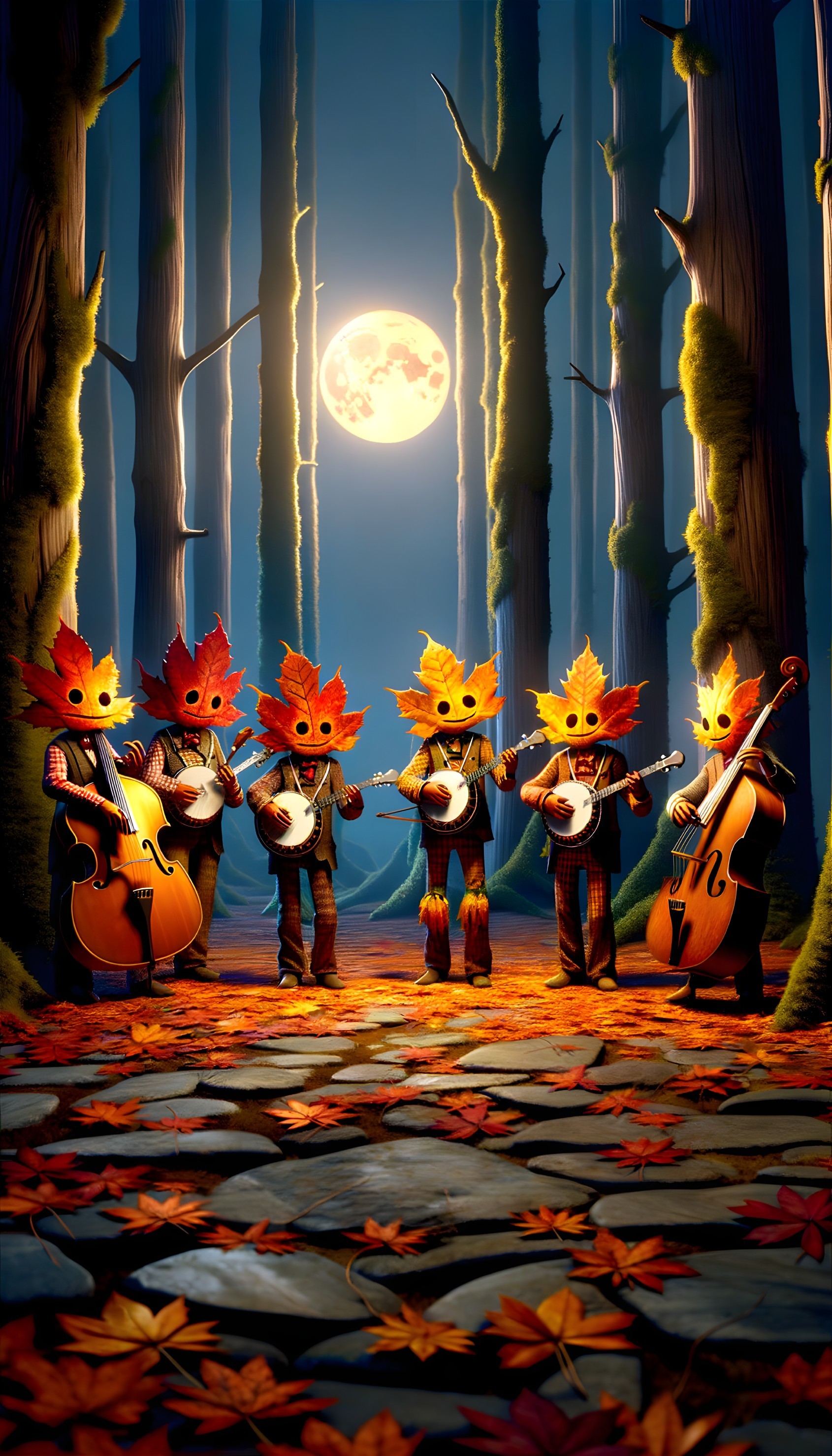 Musicians in Leaf Masks Play Under Full Moonlight