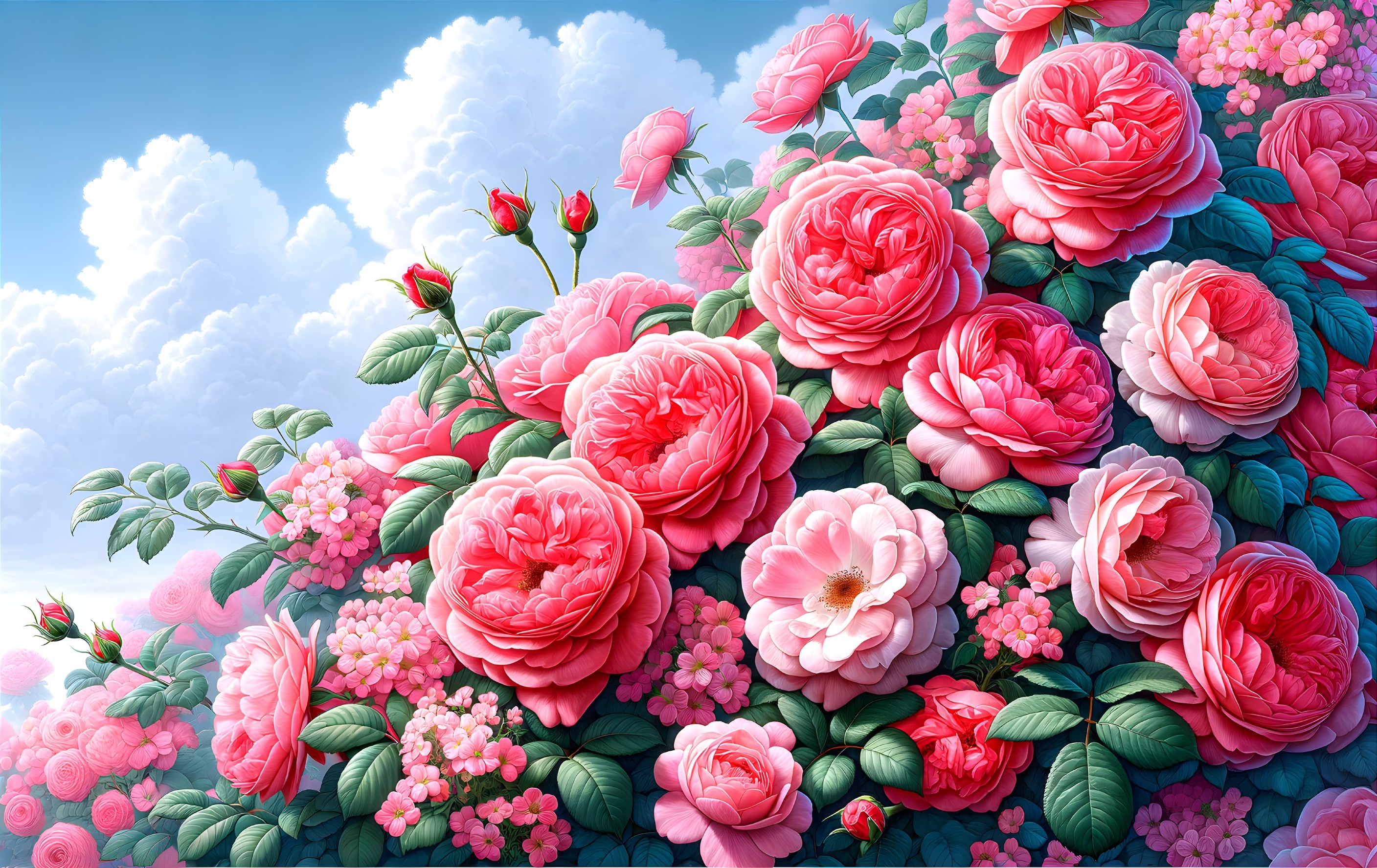 Vibrant Pink Roses with Soft Green Leaves and Sky