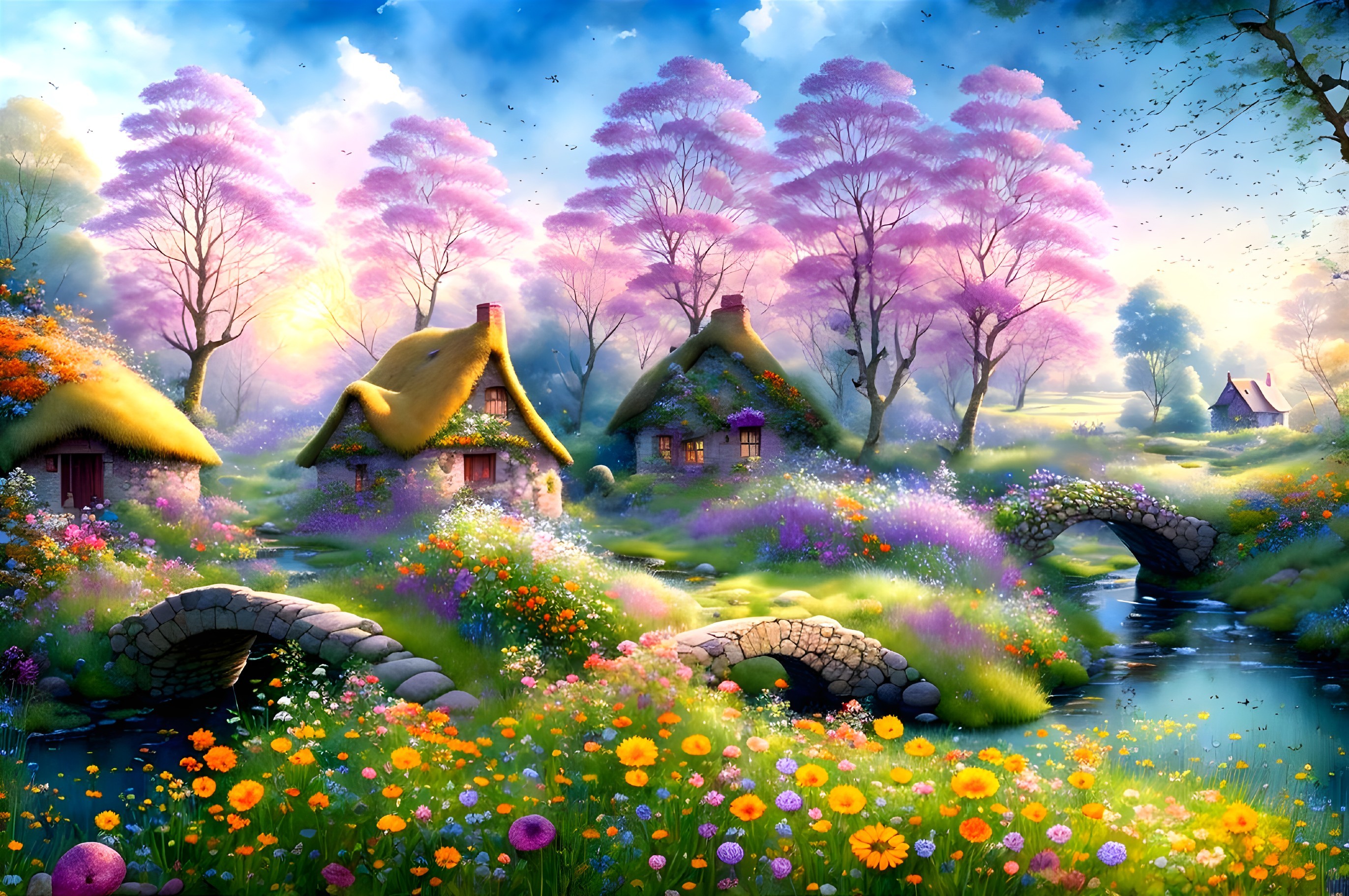 Charming Cottages in a Vibrant Meadow Landscape