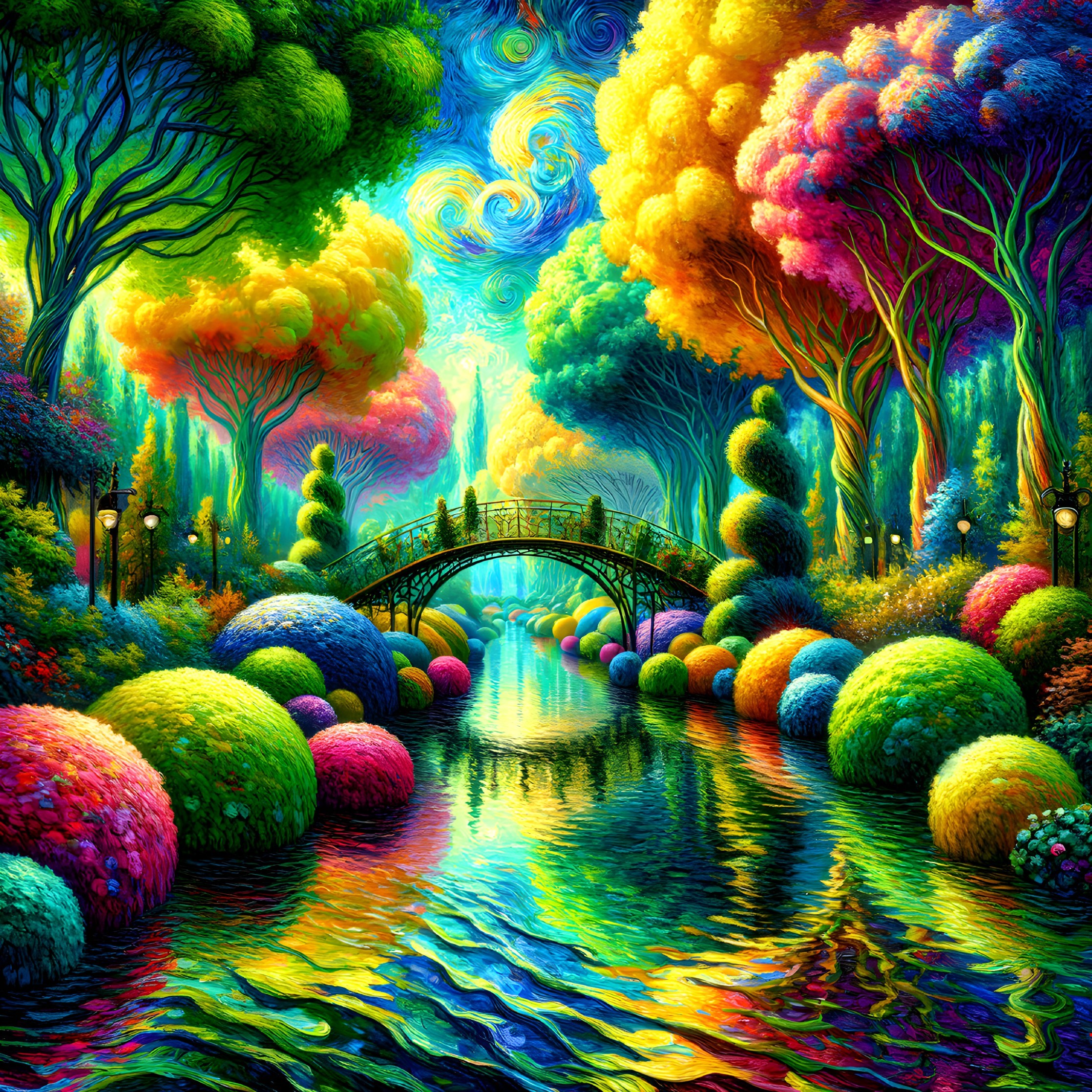 Vibrant Whimsical Landscape with Colorful Trees and River