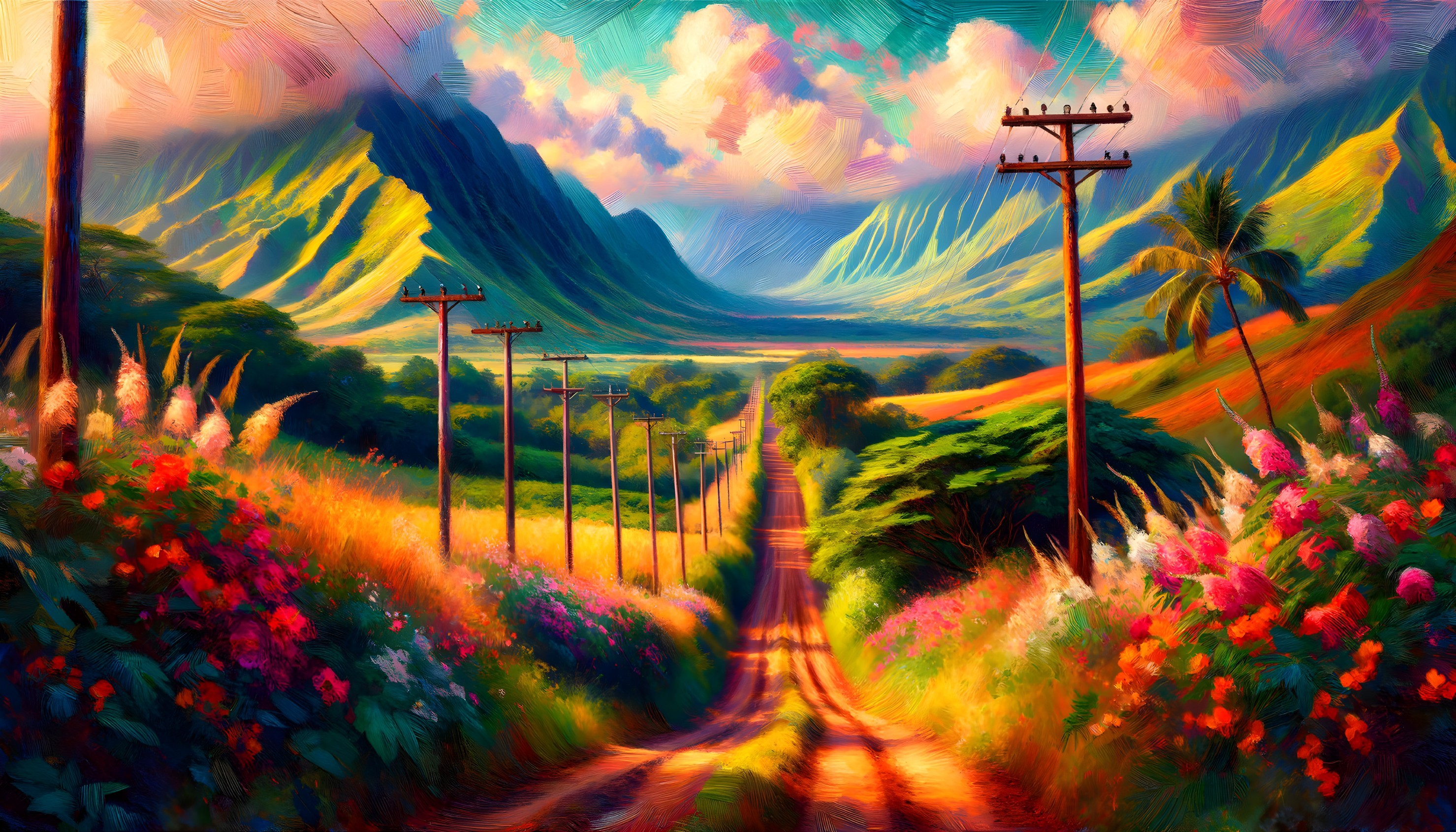 Winding Dirt Road Surrounded by Vibrant Flowers and Mountains