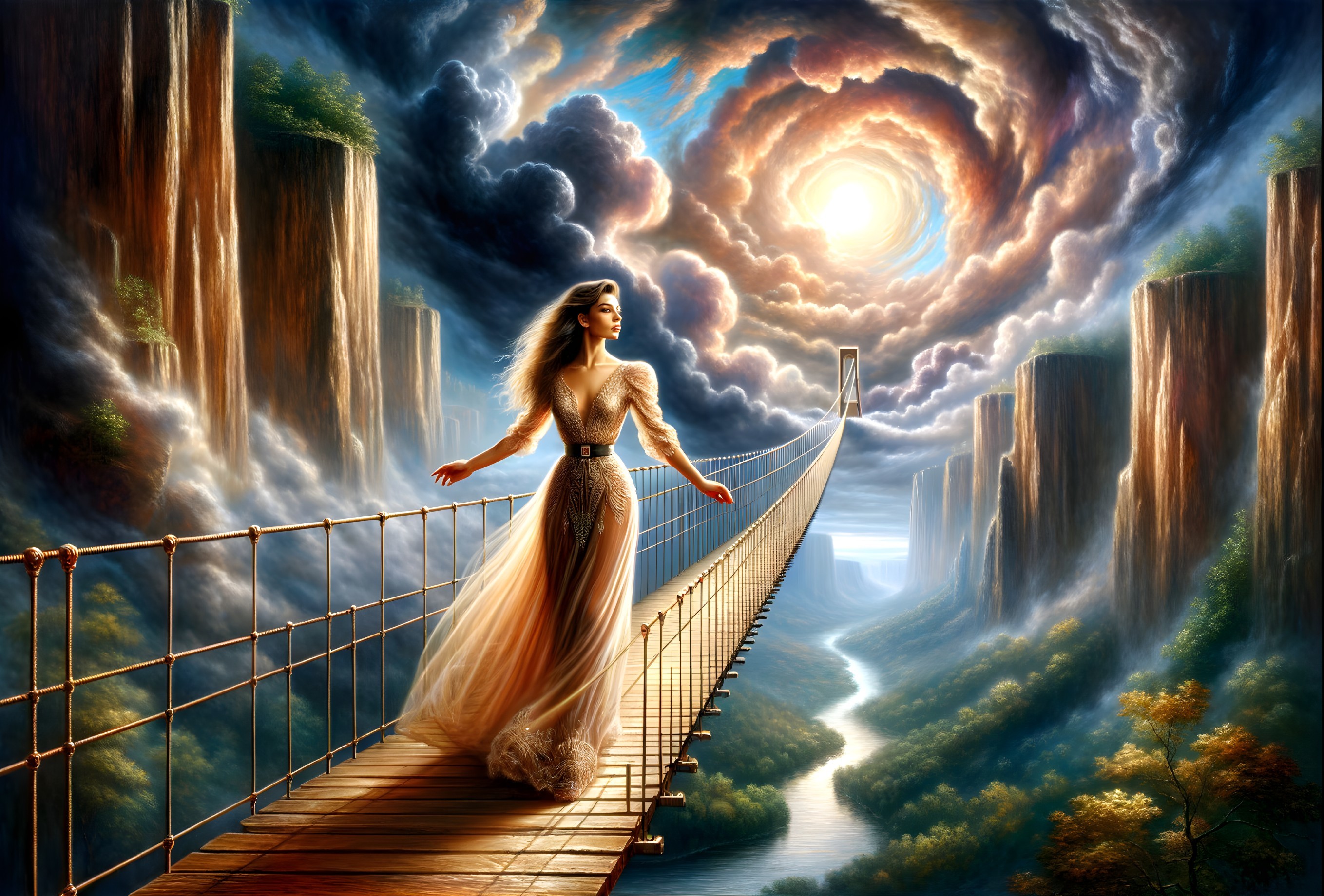 Majestic Woman in Ethereal Gown on Scenic Bridge