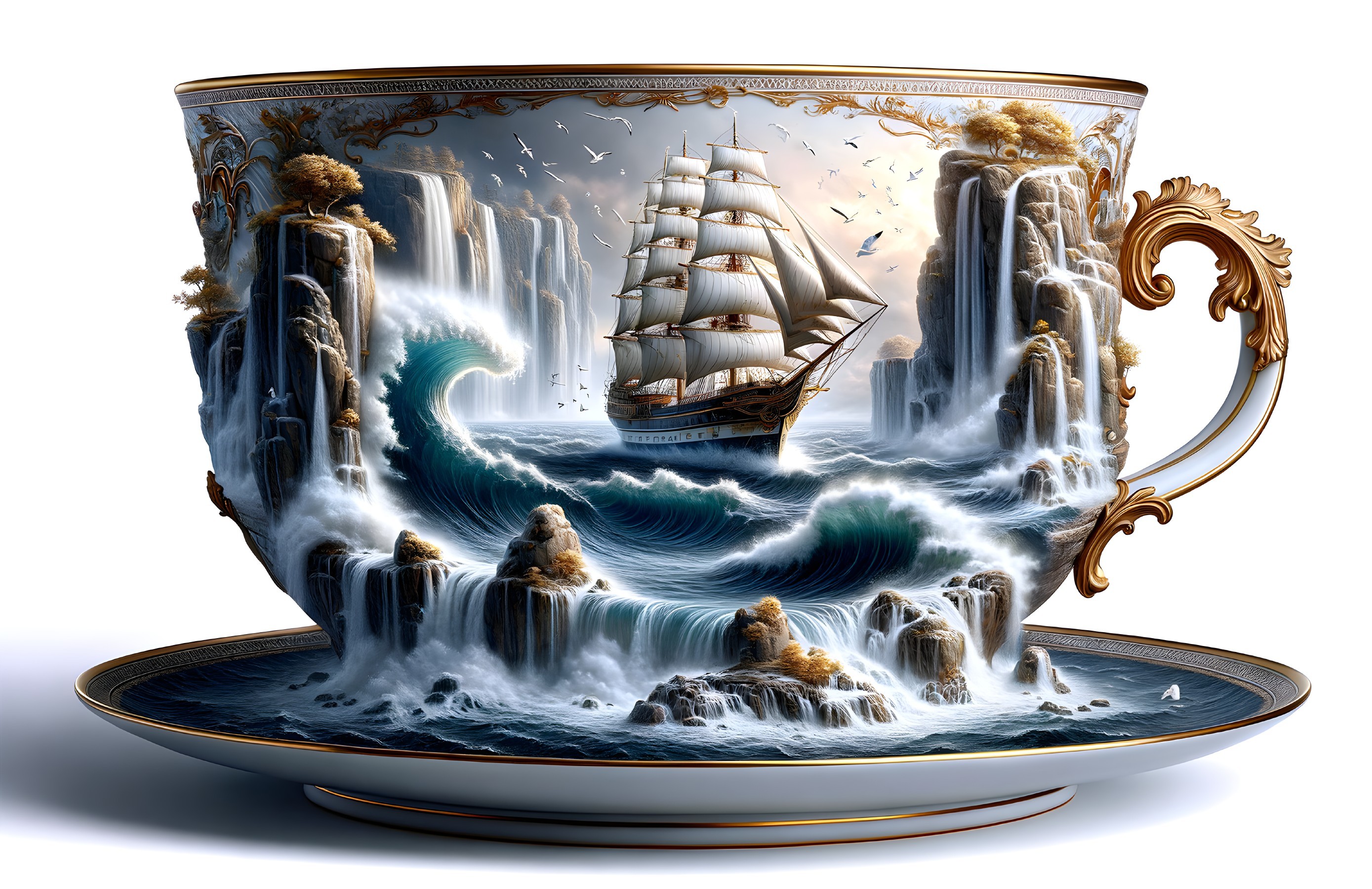 Intricate Teacup with 3D Ship and Wave Design