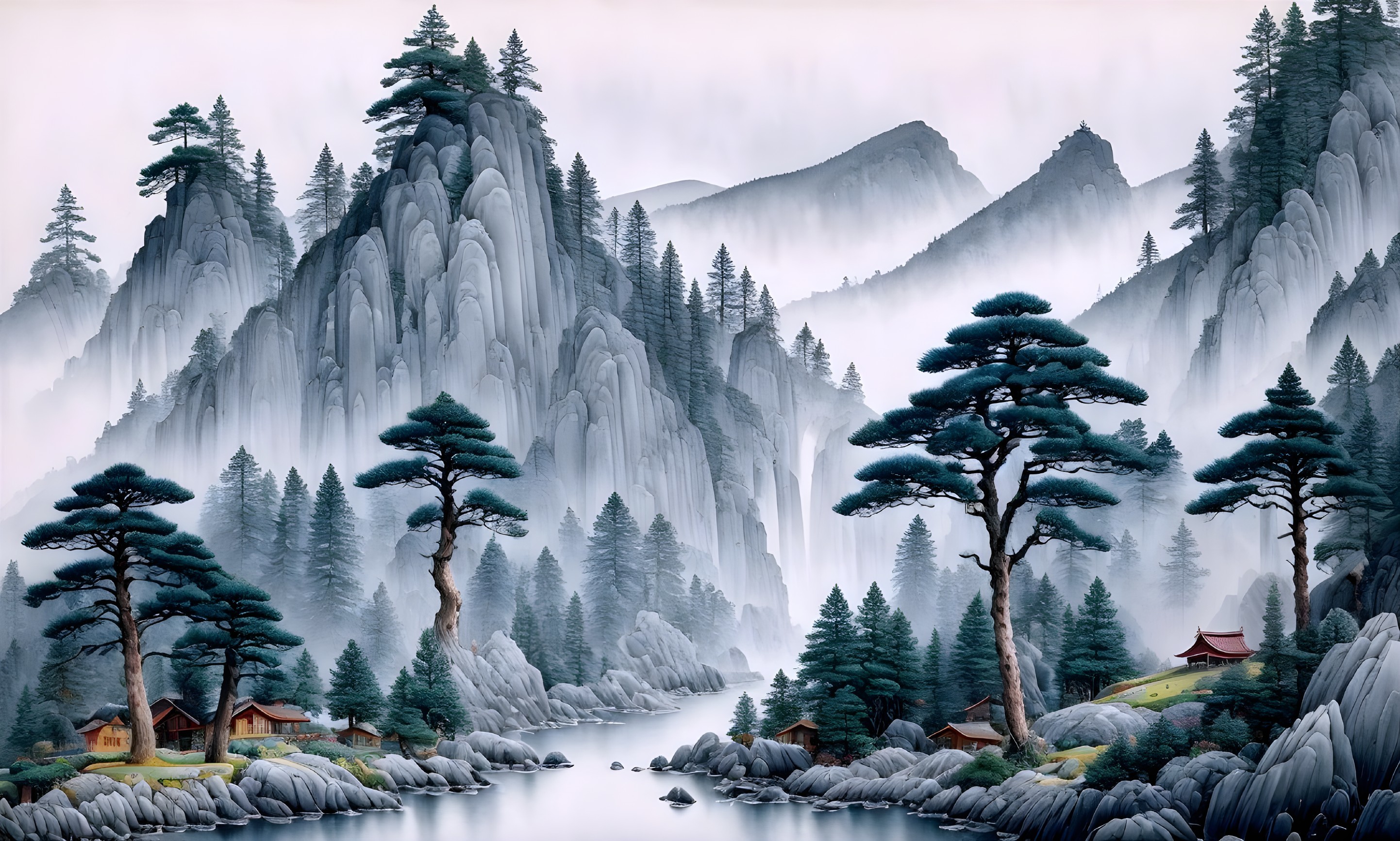 Tranquil Landscape with Misty Mountains and River