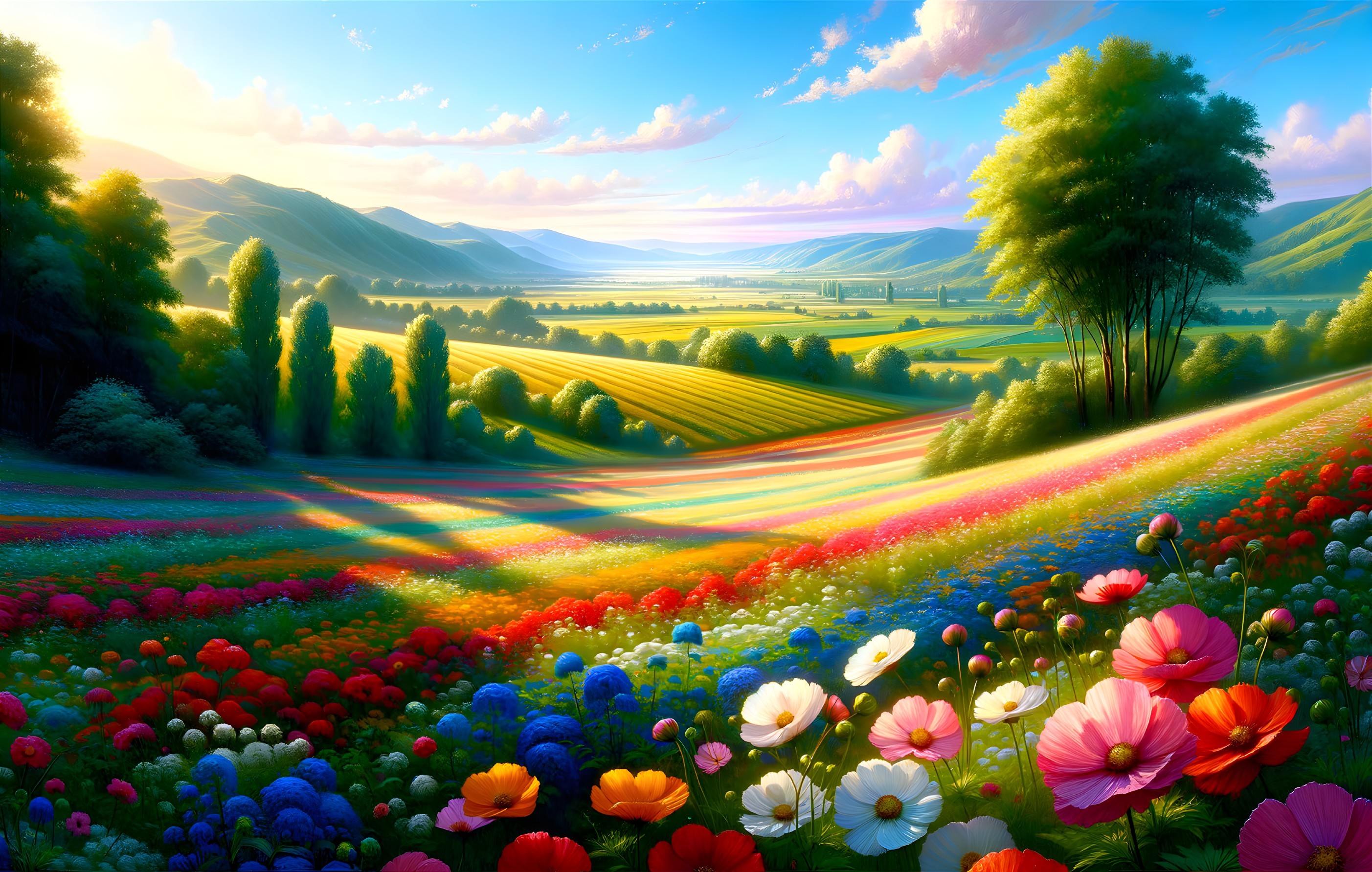 Vibrant Wildflower Landscape with Rolling Hills and Sky