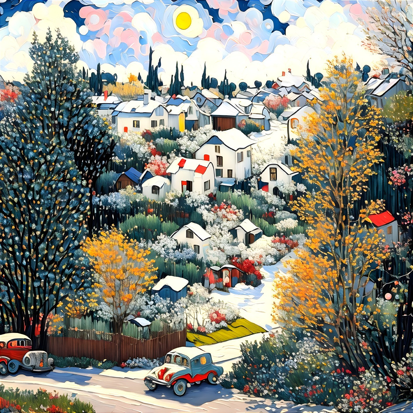 Scenic village with tree-lined houses, vintage cars, and colorful flora