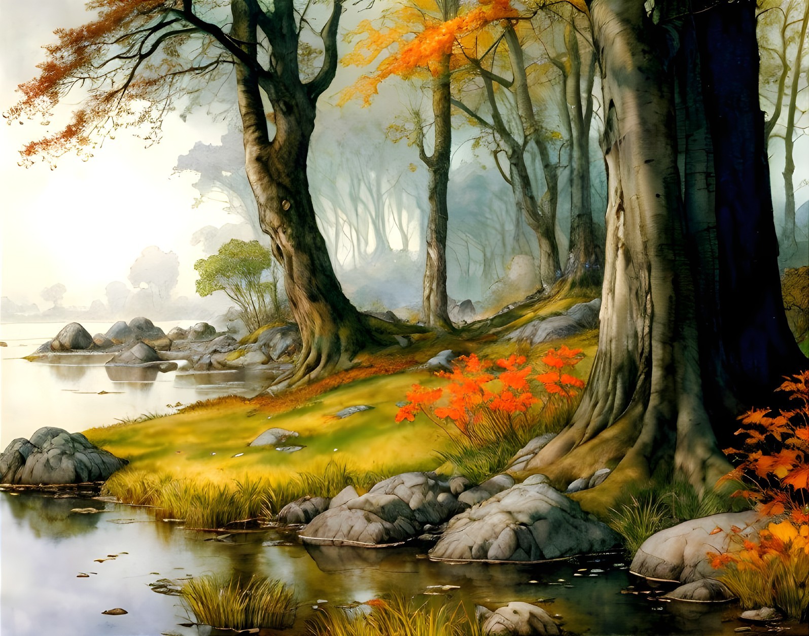 Tranquil forest stream with sunlight, rocks, and autumn leaves