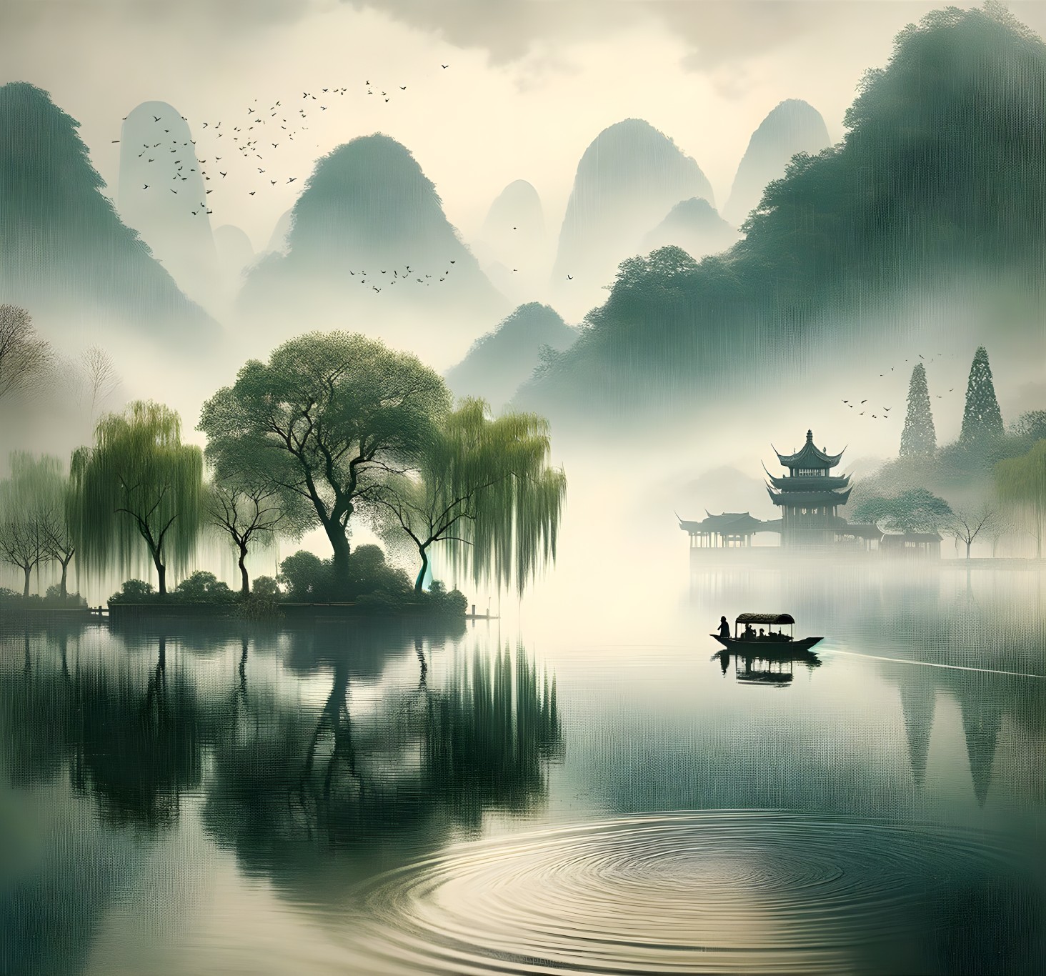 Misty Mountains and Tranquil Lake Landscape Scene