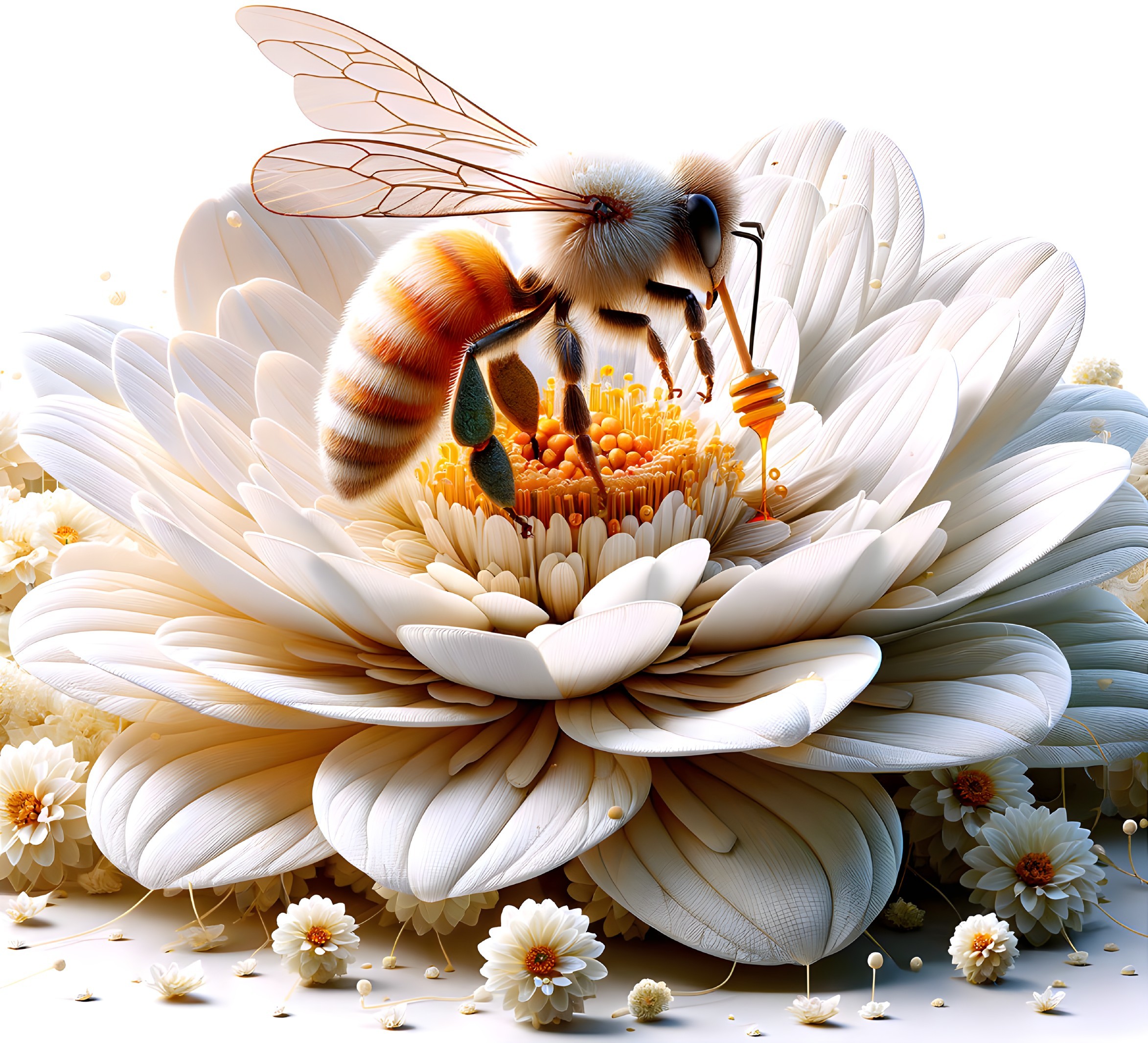Bee on White Lotus Flower with Daisies Surrounding