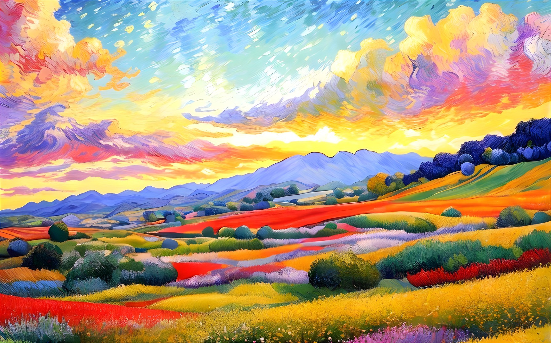 Colorful Skies and Flowery Fields in Landscape Painting