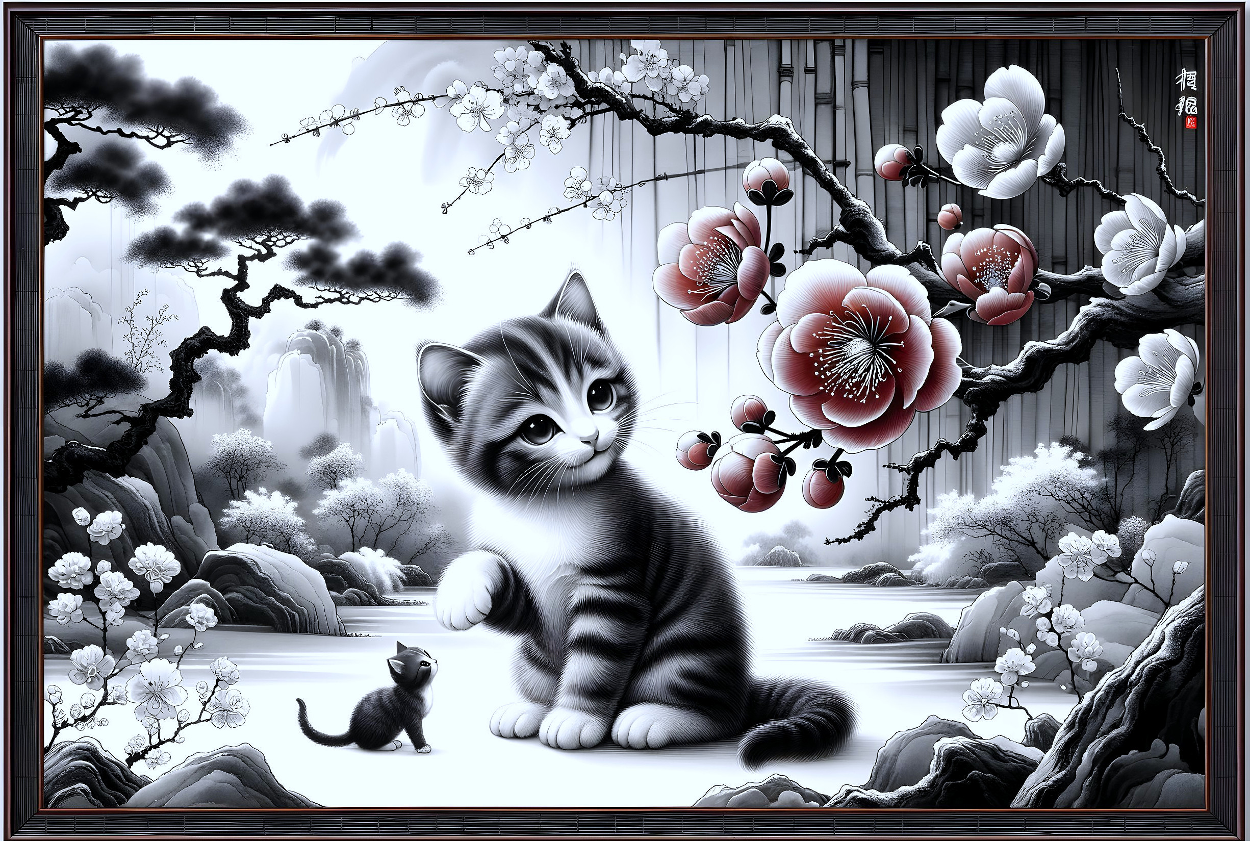 Black and white illustration of a playful cat and kitten