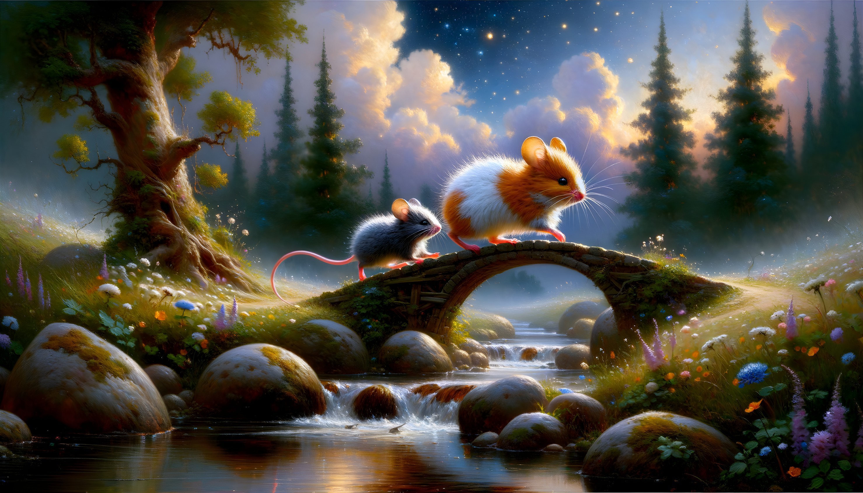 Whimsical Forest Scene with Mice on a Stone Bridge