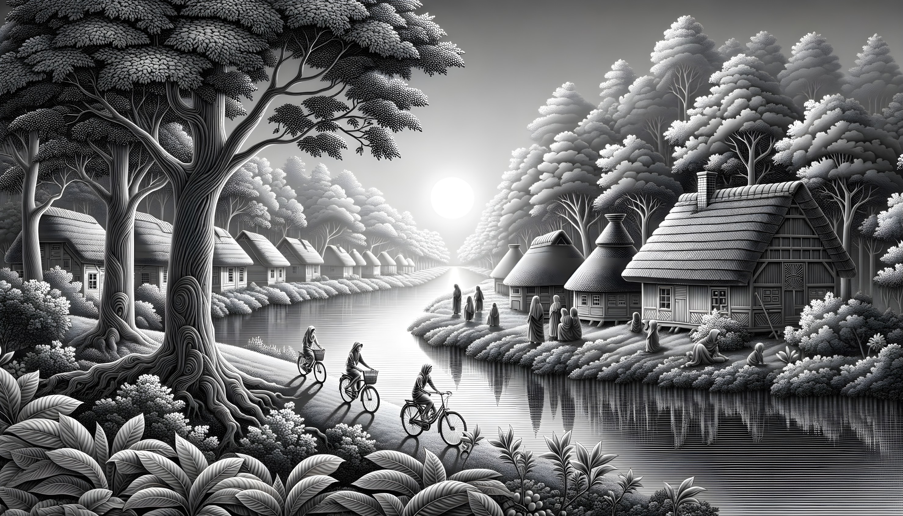 Monochromatic Landscape with Cottages and Riverbank