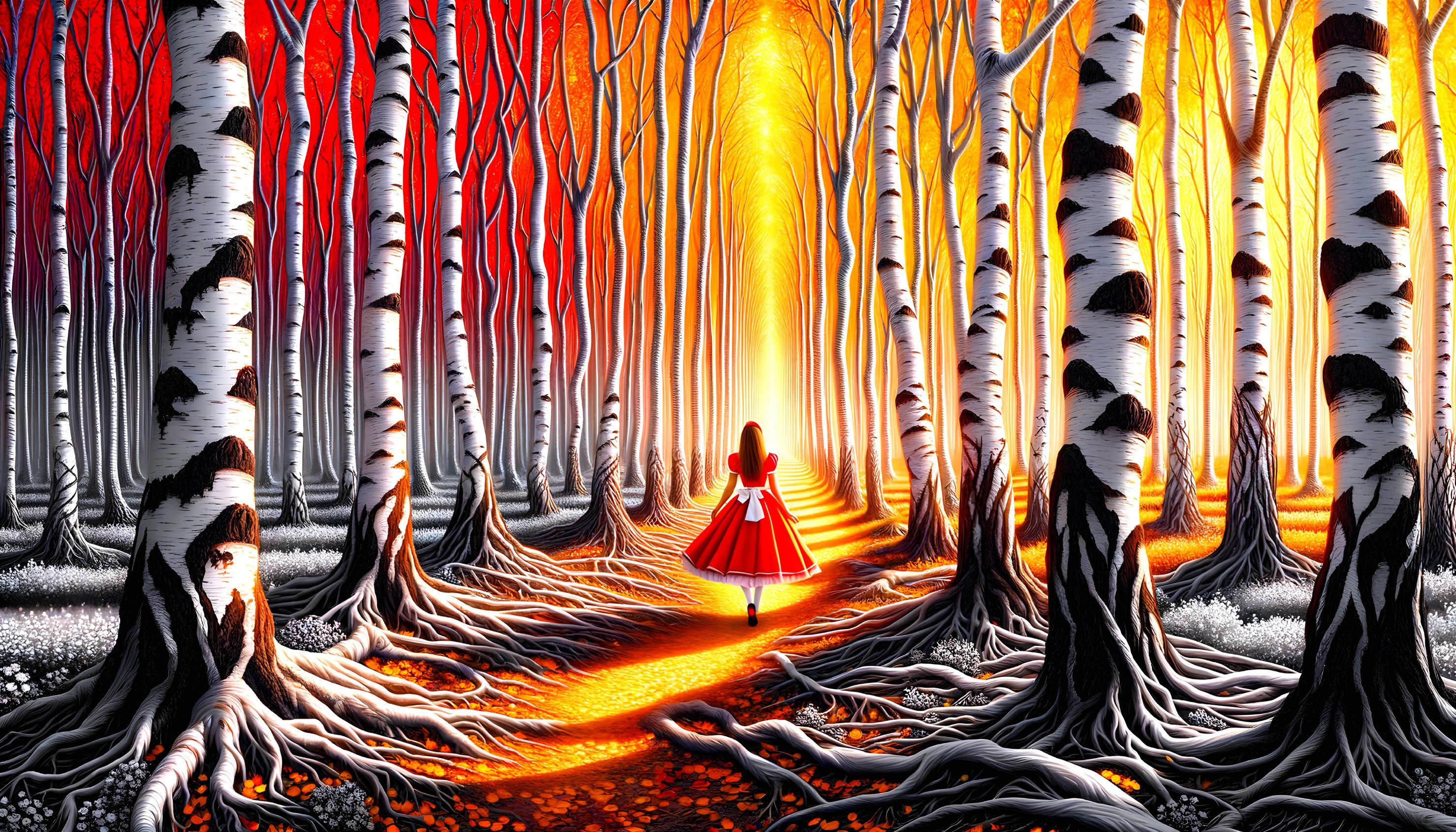 Young girl in red dress walking in mystical forest