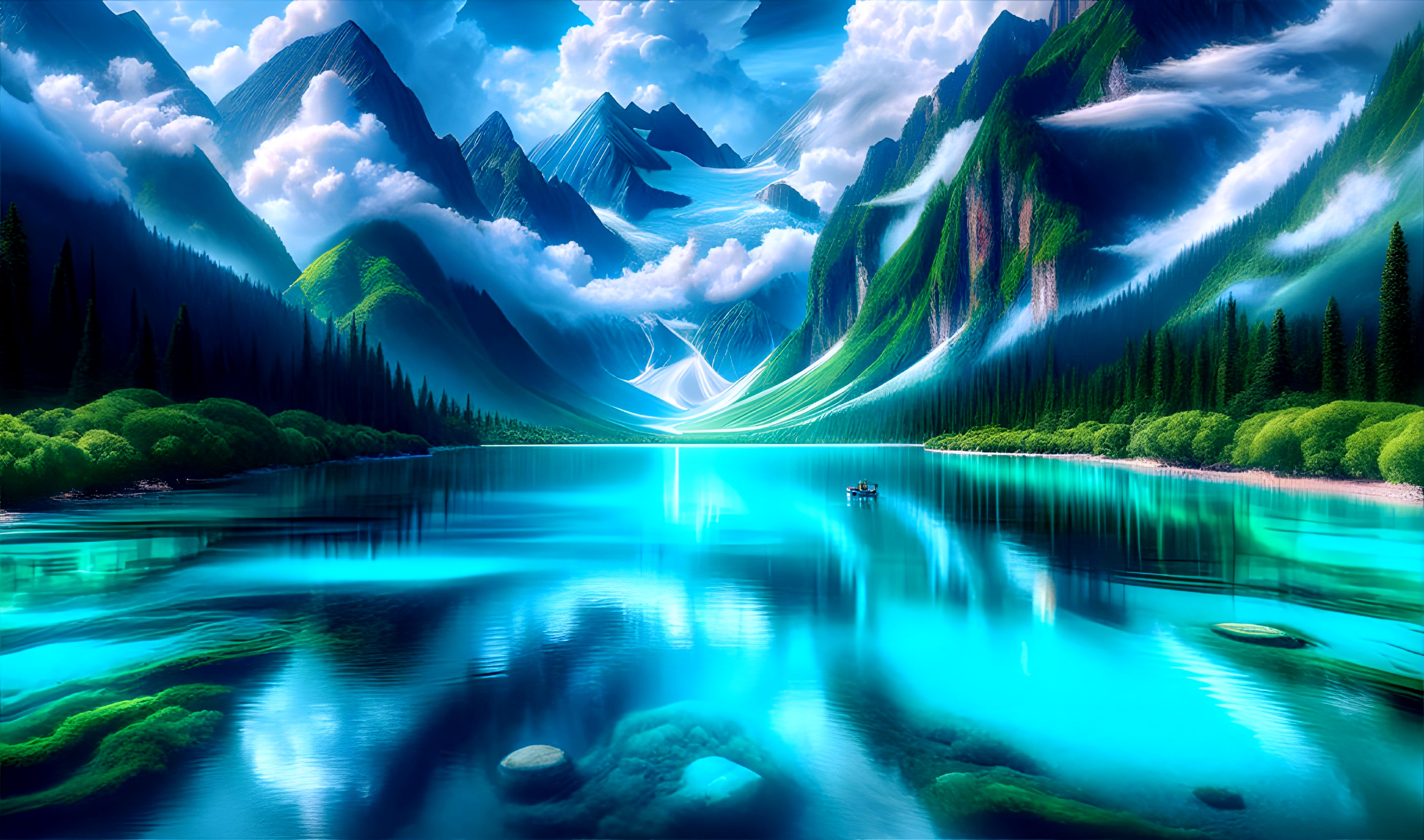 Serene Landscape with Mountains and Reflective Lake