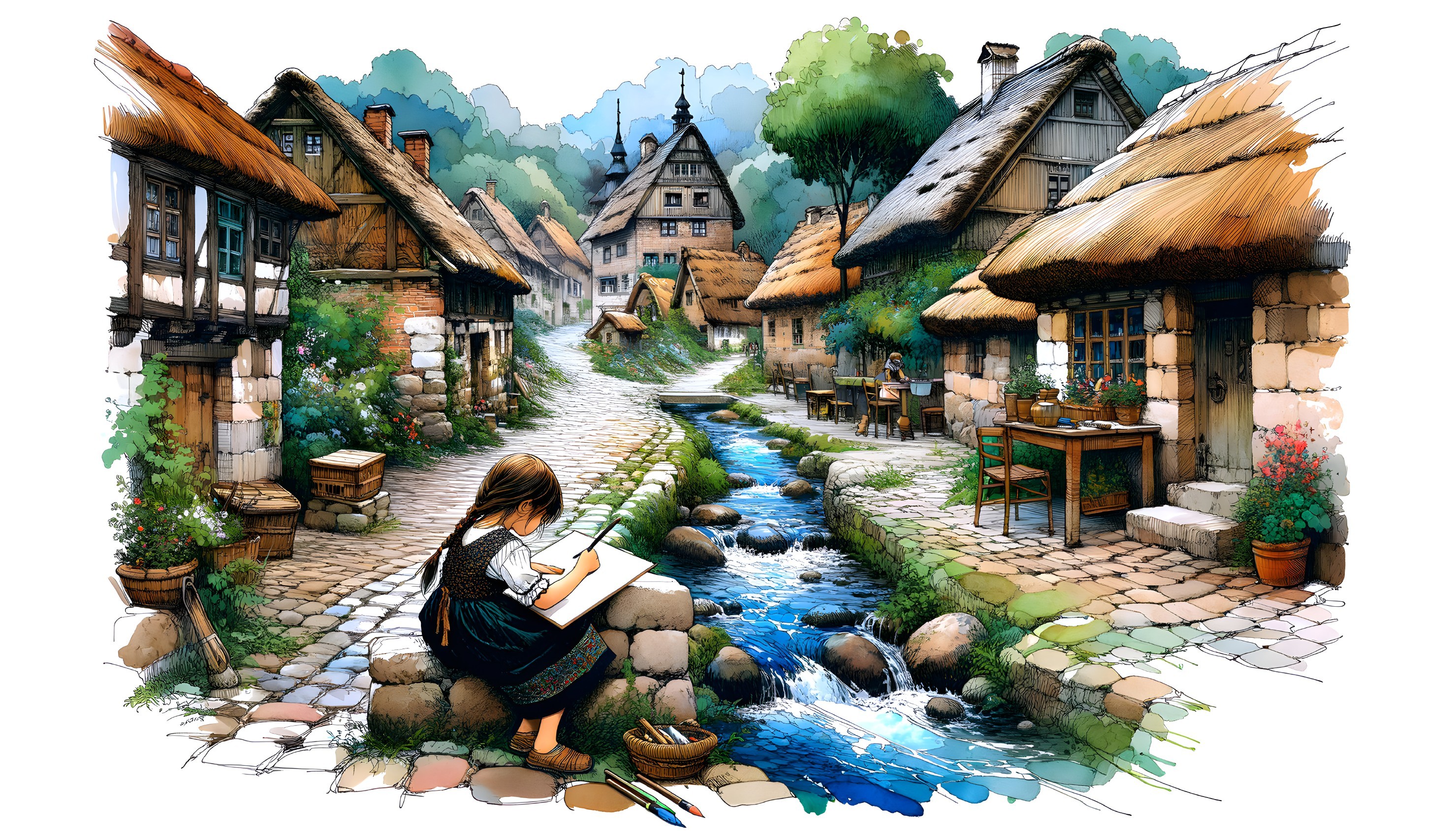 Young girl sketching by a serene village stream