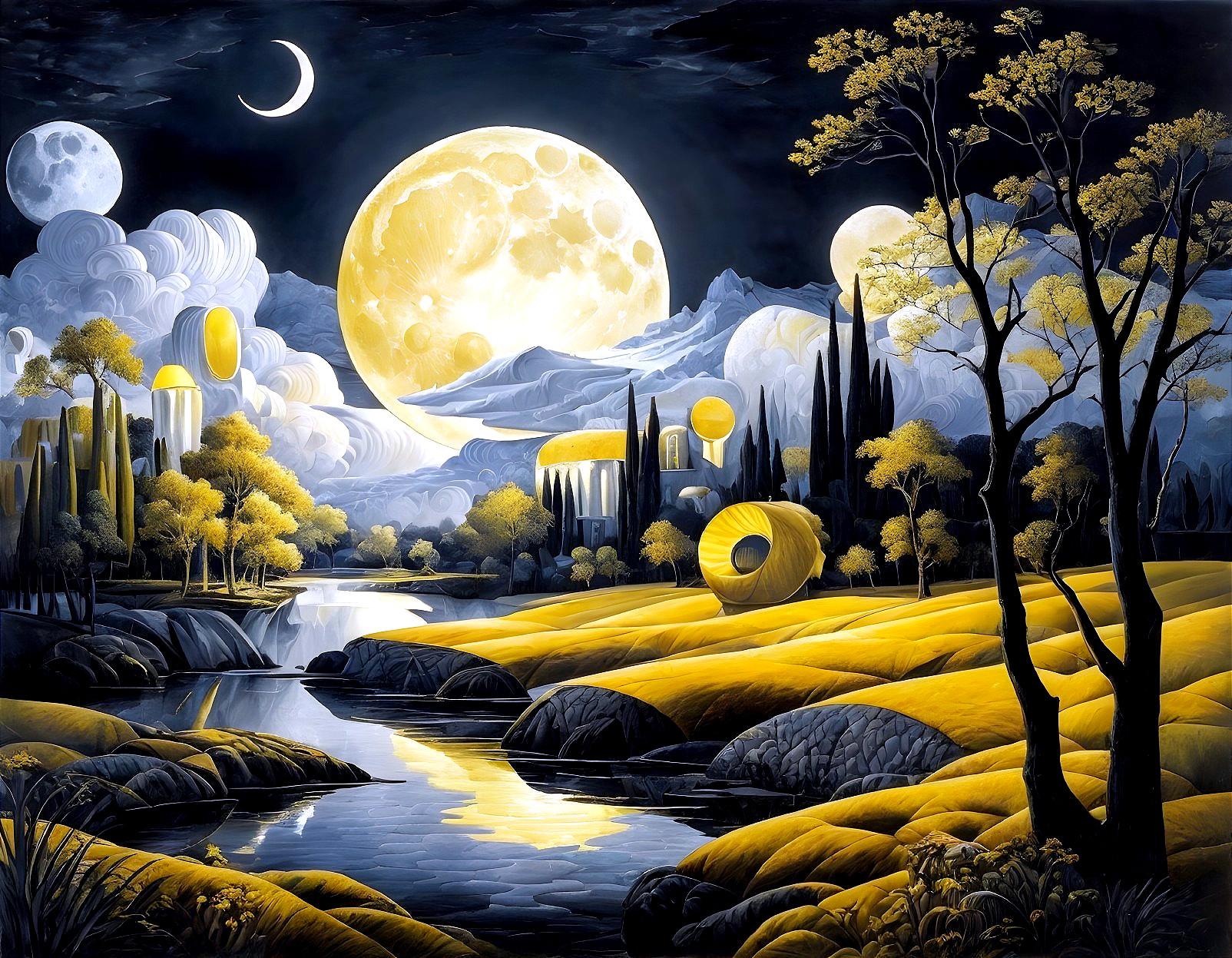 Surreal landscape painting with yellow moon, grass, river, waterfalls, and circular balloon-like