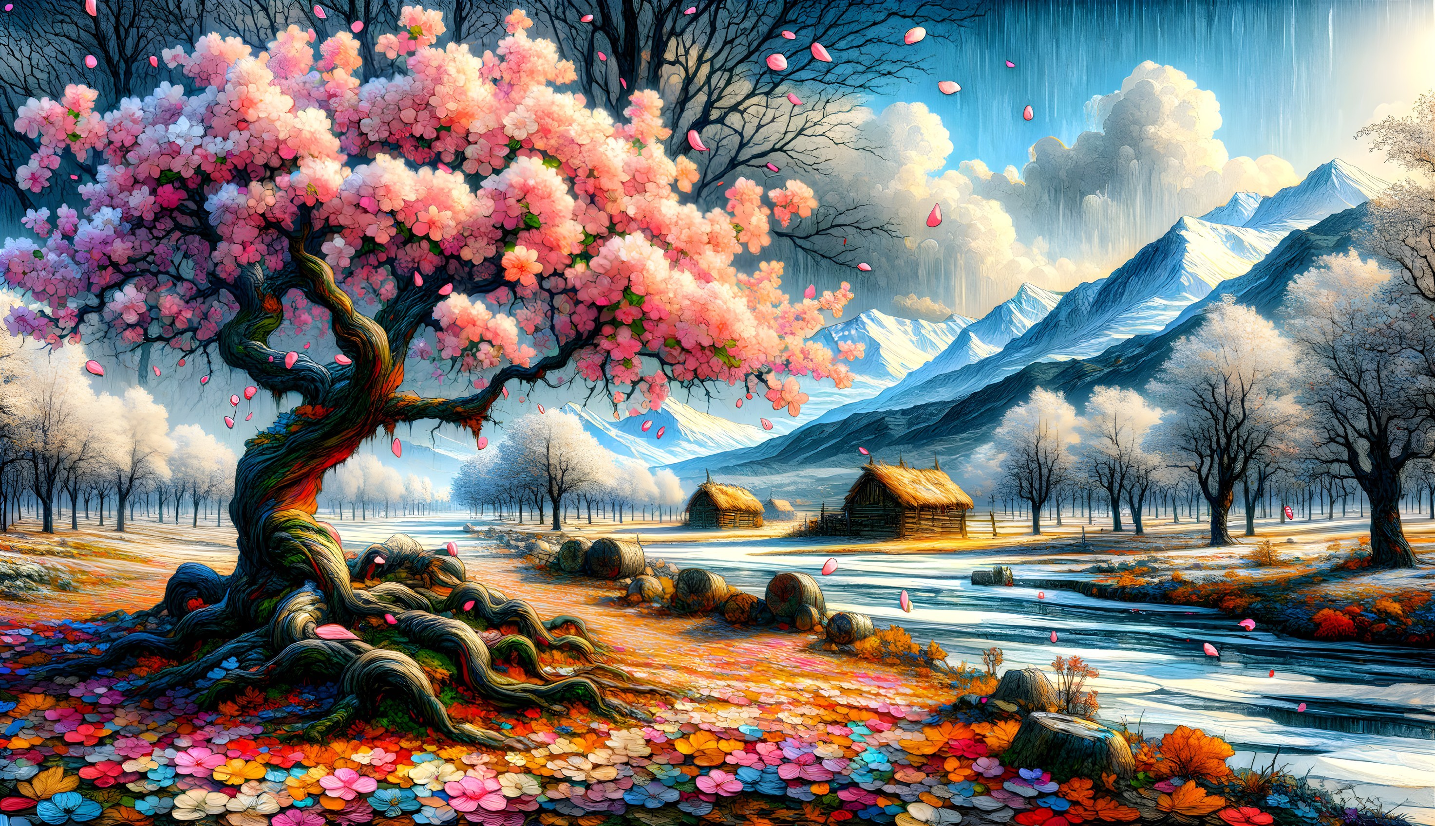 Vibrant Cherry Blossom Tree in Serene Landscape