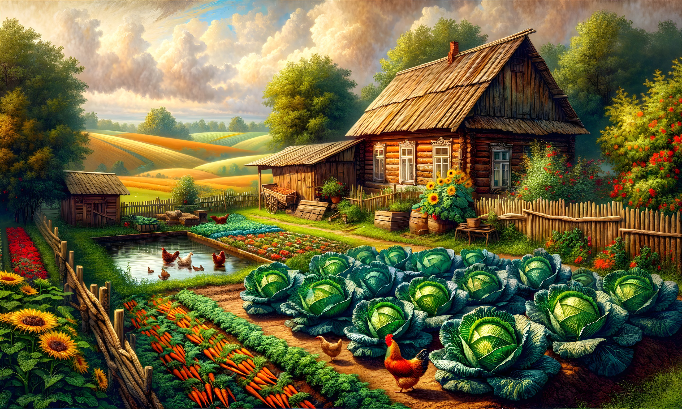 Charming Rural Scene with Wooden House and Gardens