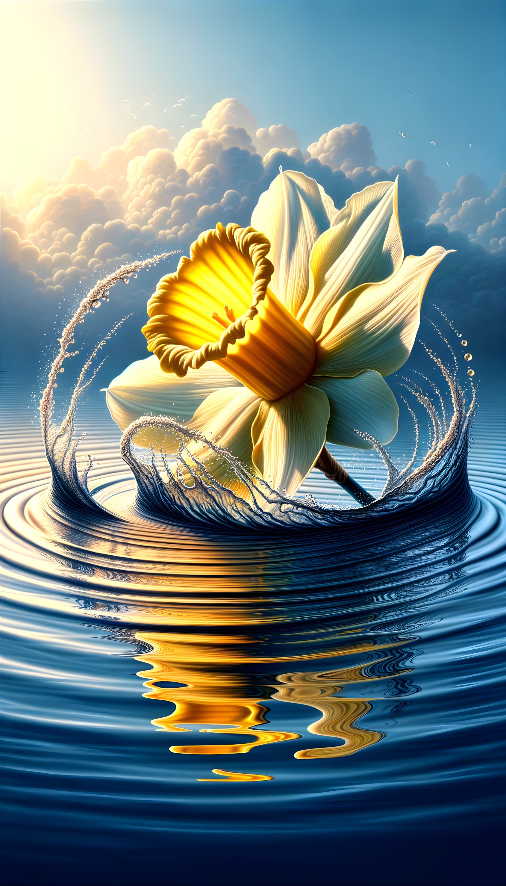 Daffodil Blooming in Blue Waters with Sunlight Reflections