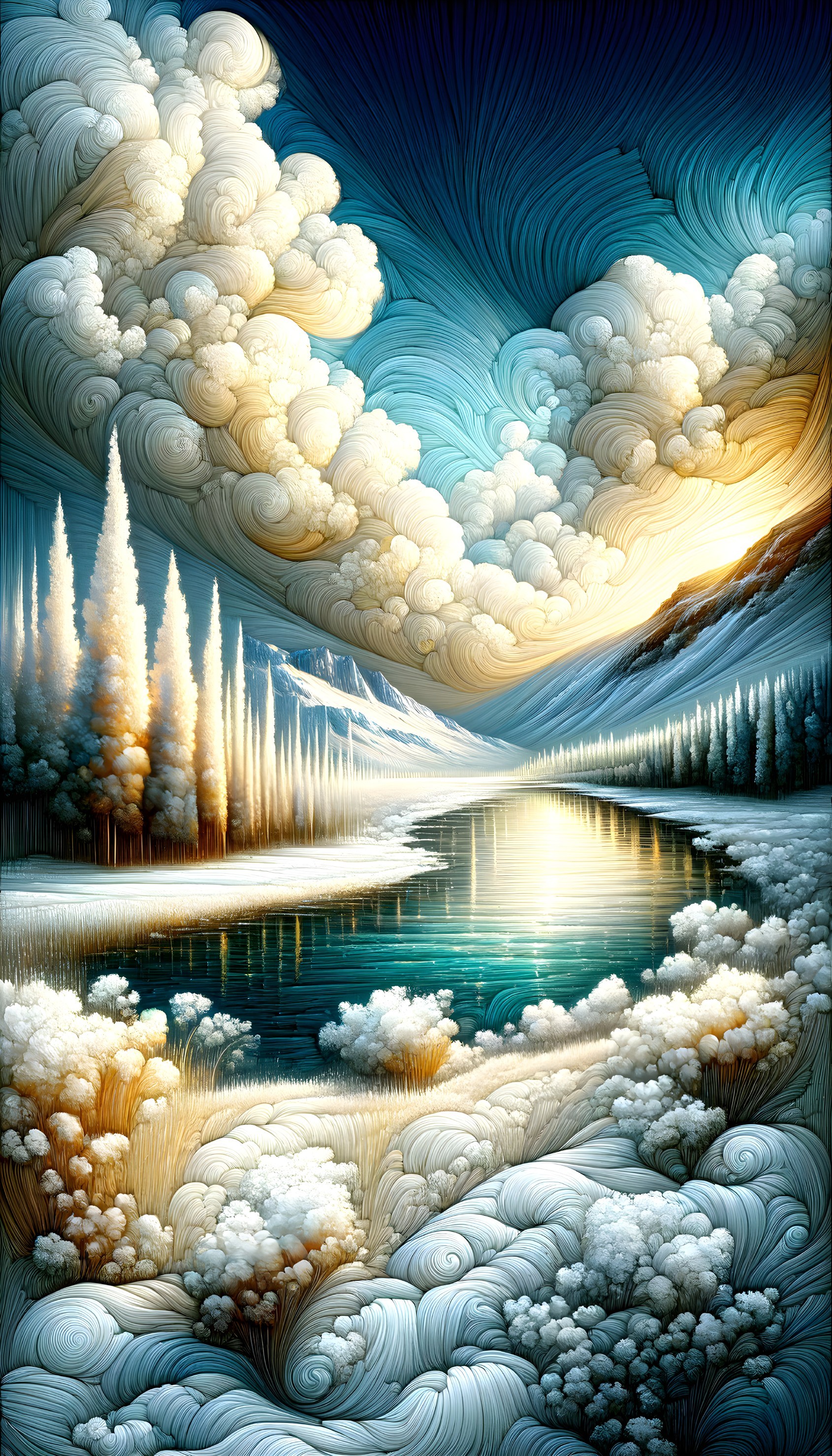 Tranquil Lake and Stylized Trees at Dawn