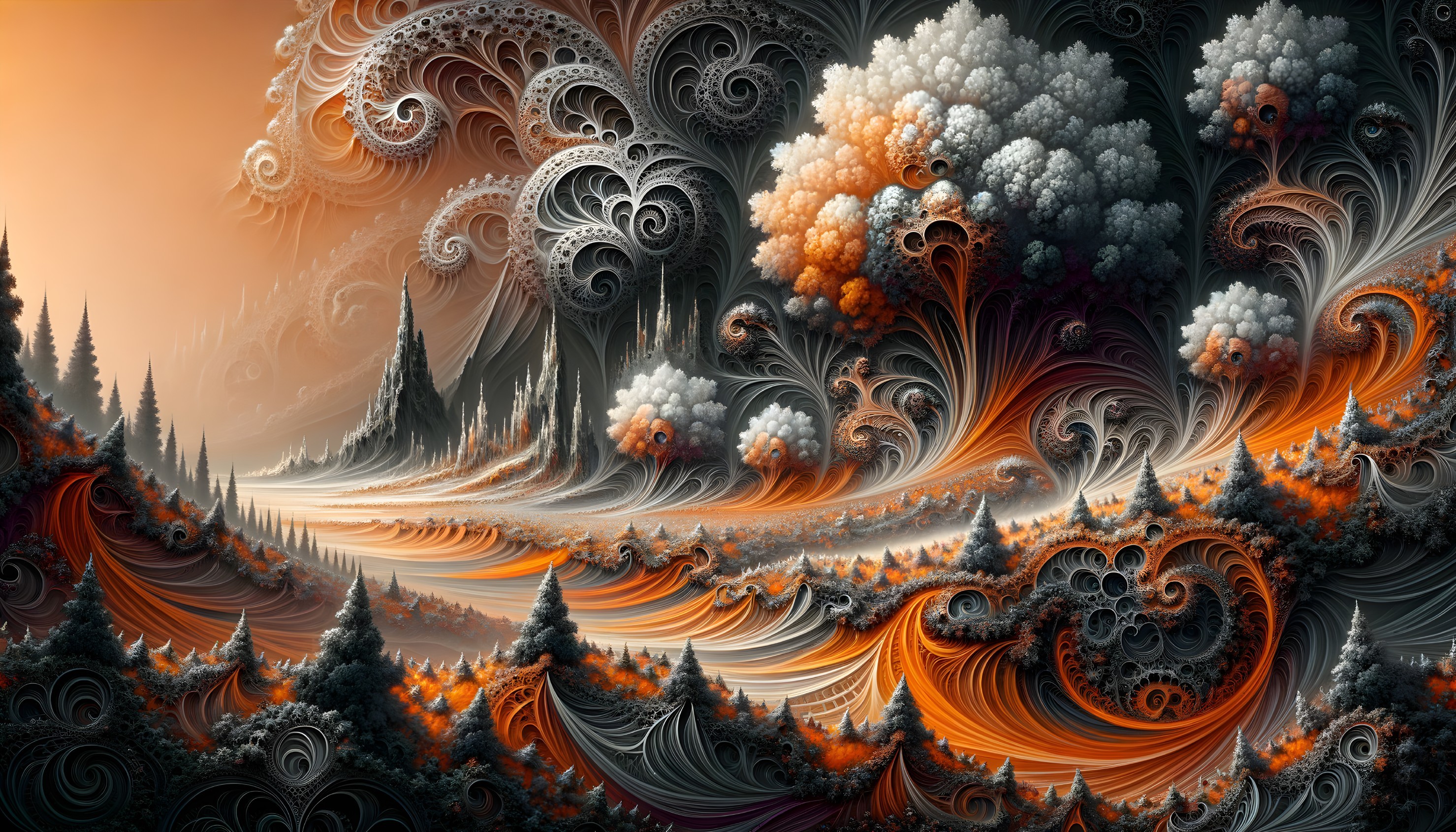 Fractal Patterns Create Surreal Landscape in Orange, Brown, and White