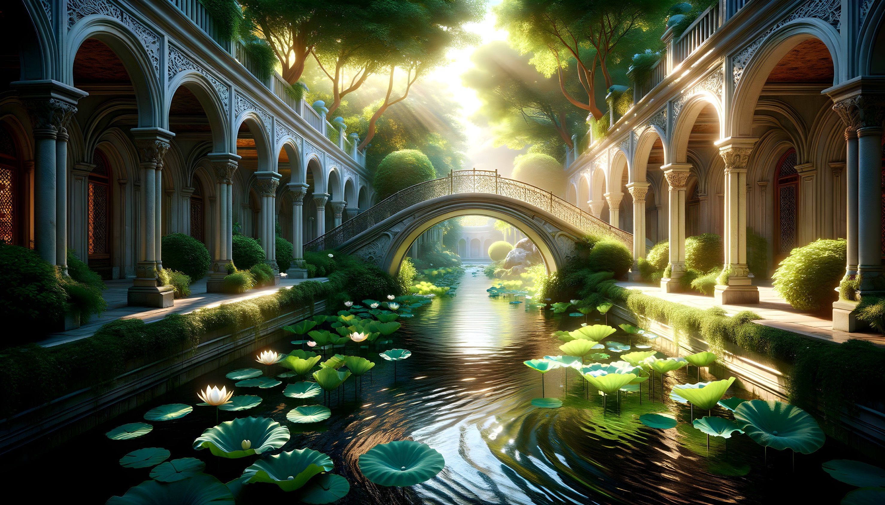 Serene garden with stone bridge over tranquil waterway