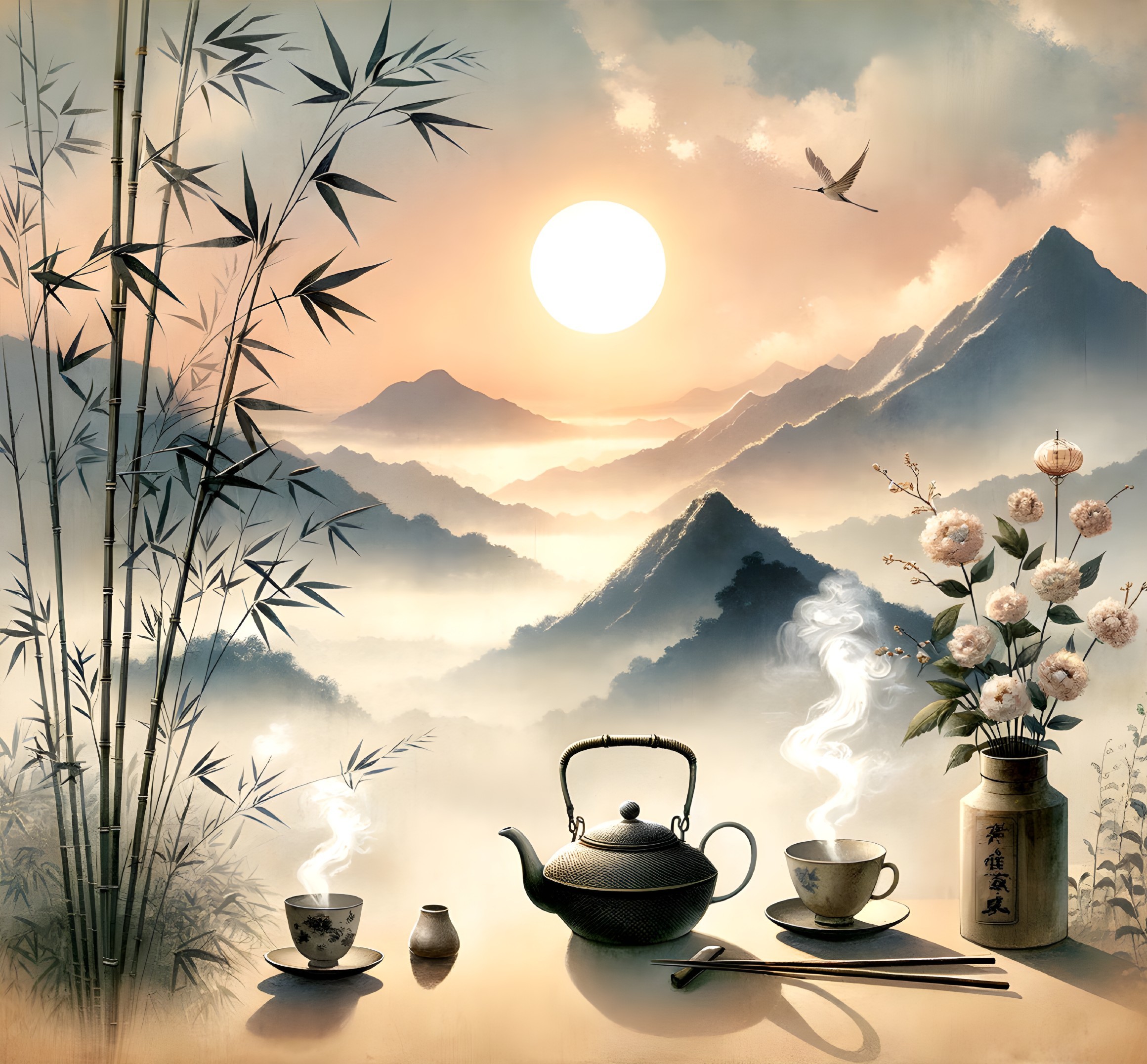 Serene Landscape with Mountains and Traditional Teapot