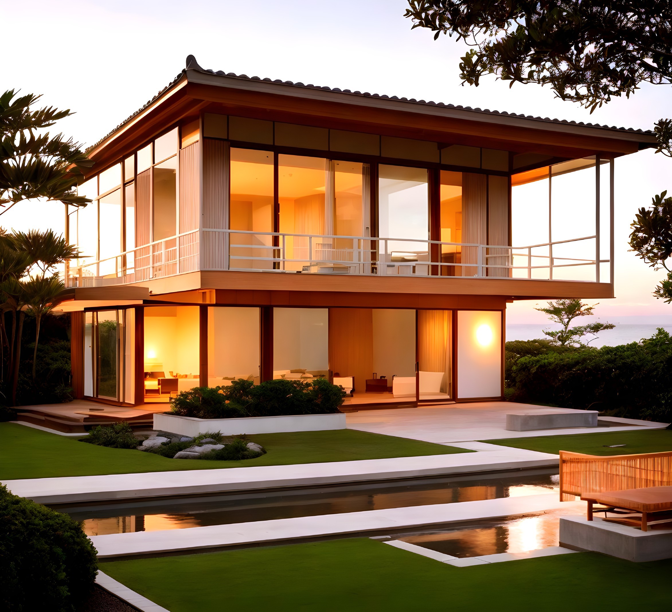 Modern Two-Story House with Glass Windows and Garden