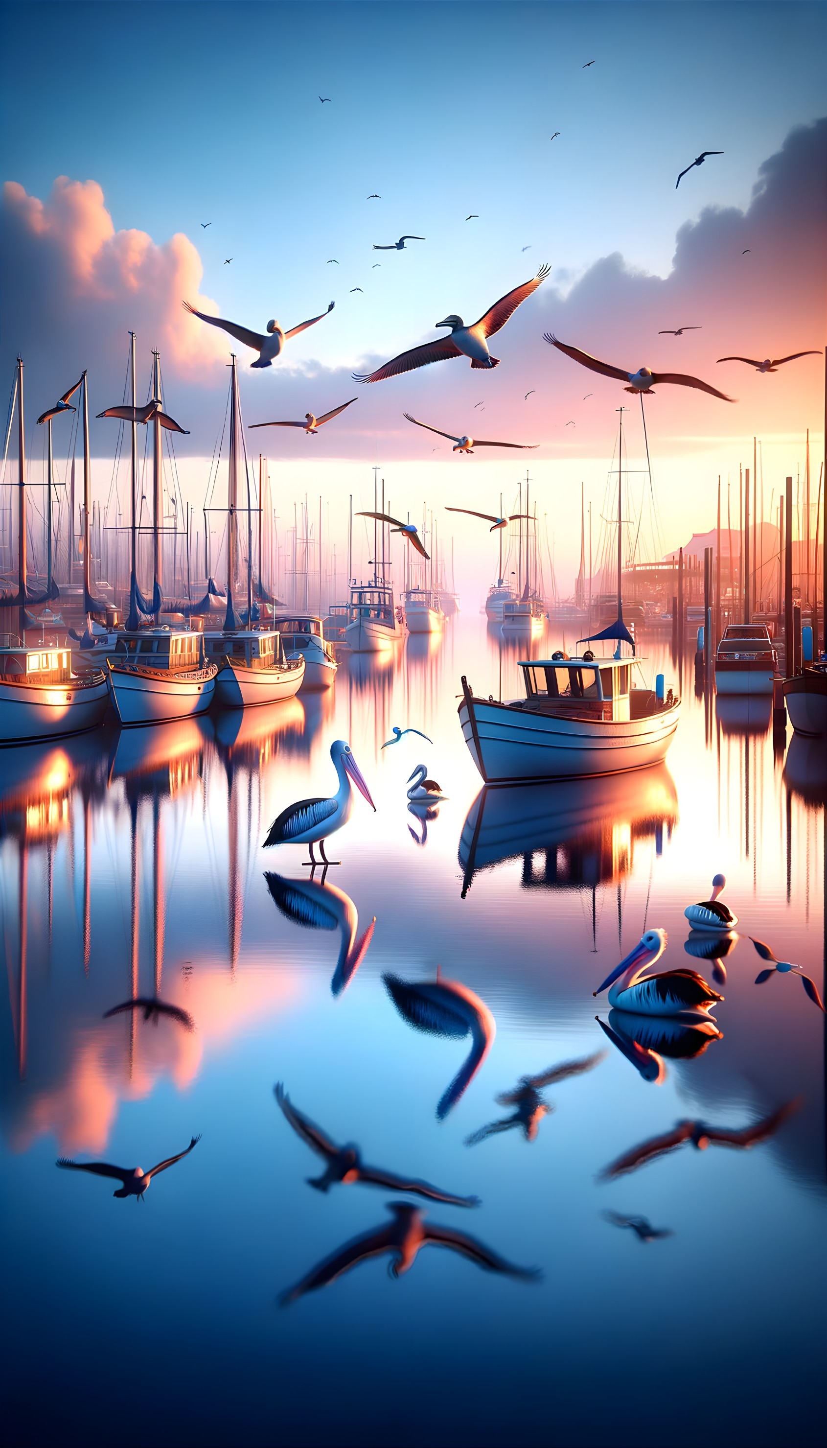 Serene Marina at Dawn with Colorful Boats and Seagulls