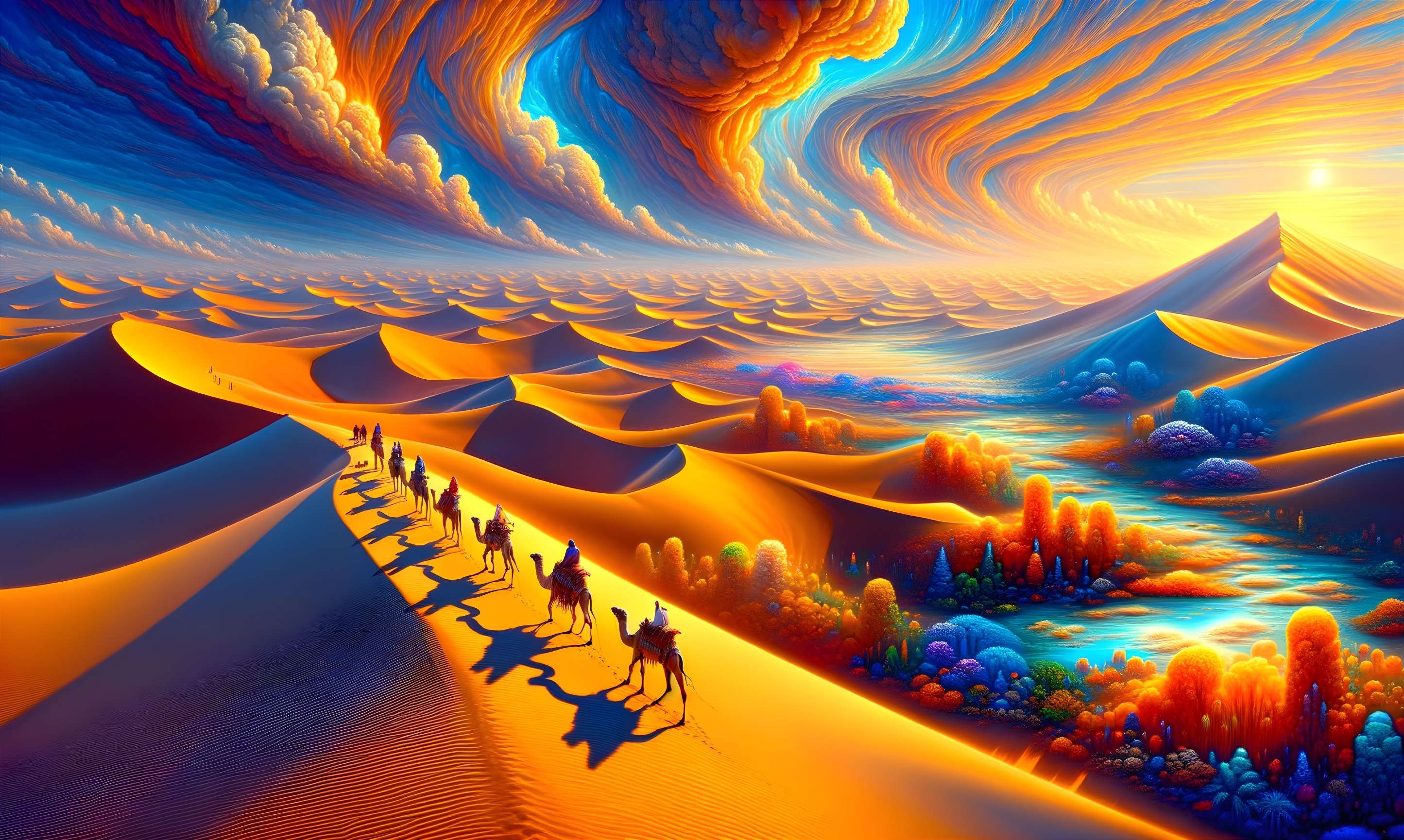 Desert Dreamscape: Camels, Dunes & Sky