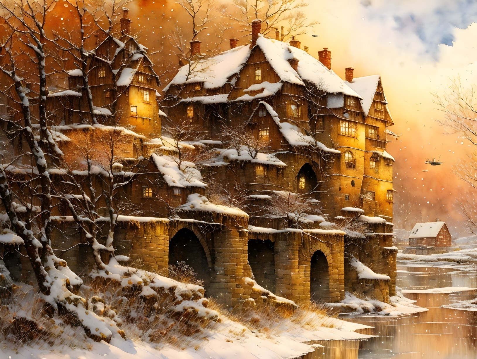 Snow-covered old mansion in sunset glow with airplane and barren trees