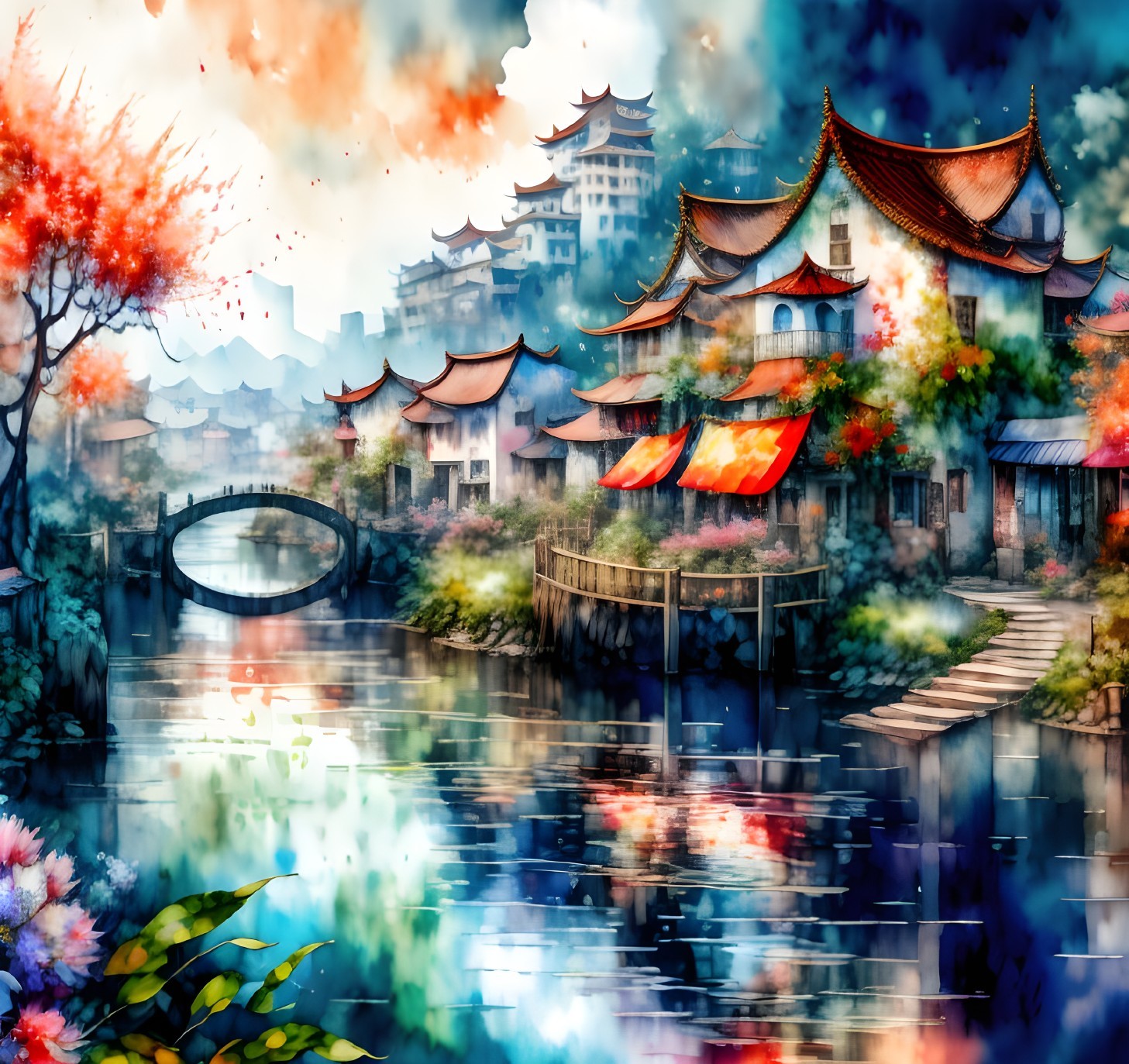 Tranquil Waterway with Asian Architecture and Cherry Blossoms