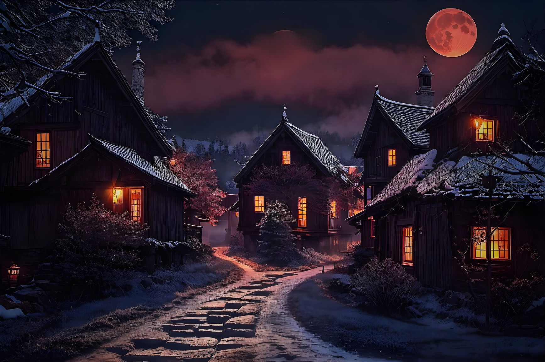 Snowy Night Scene: Warm-lit Cottages, Cobblestone Path, Full Moon