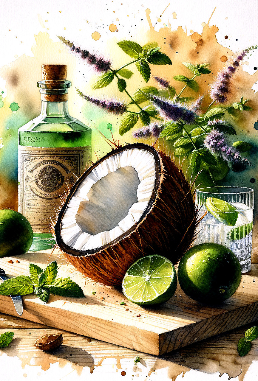 Watercolor of Coconut, Limes, and Mint on Cutting Board