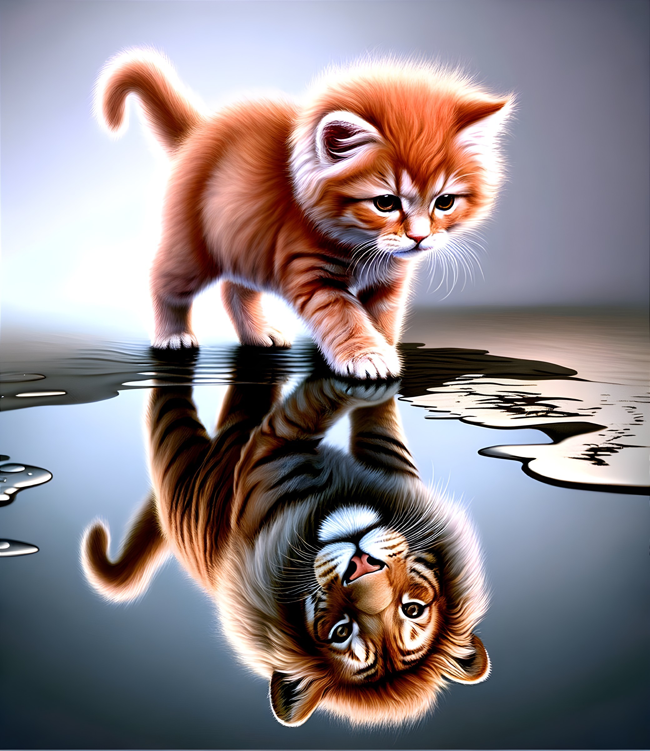 Playful Orange Tabby Kitten and Tiger Reflection