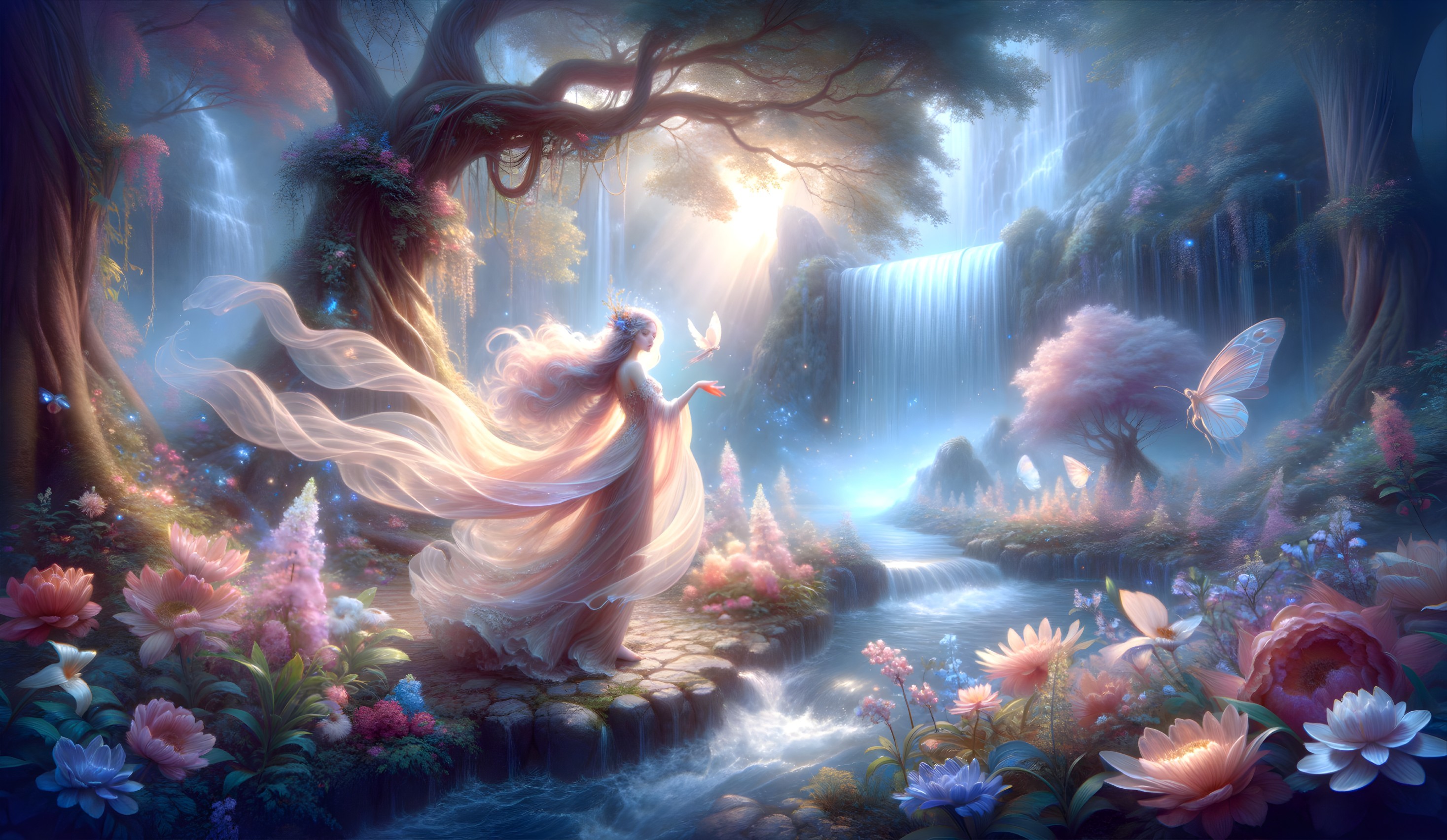 Enchanted forest with waterfall and blooming flowers