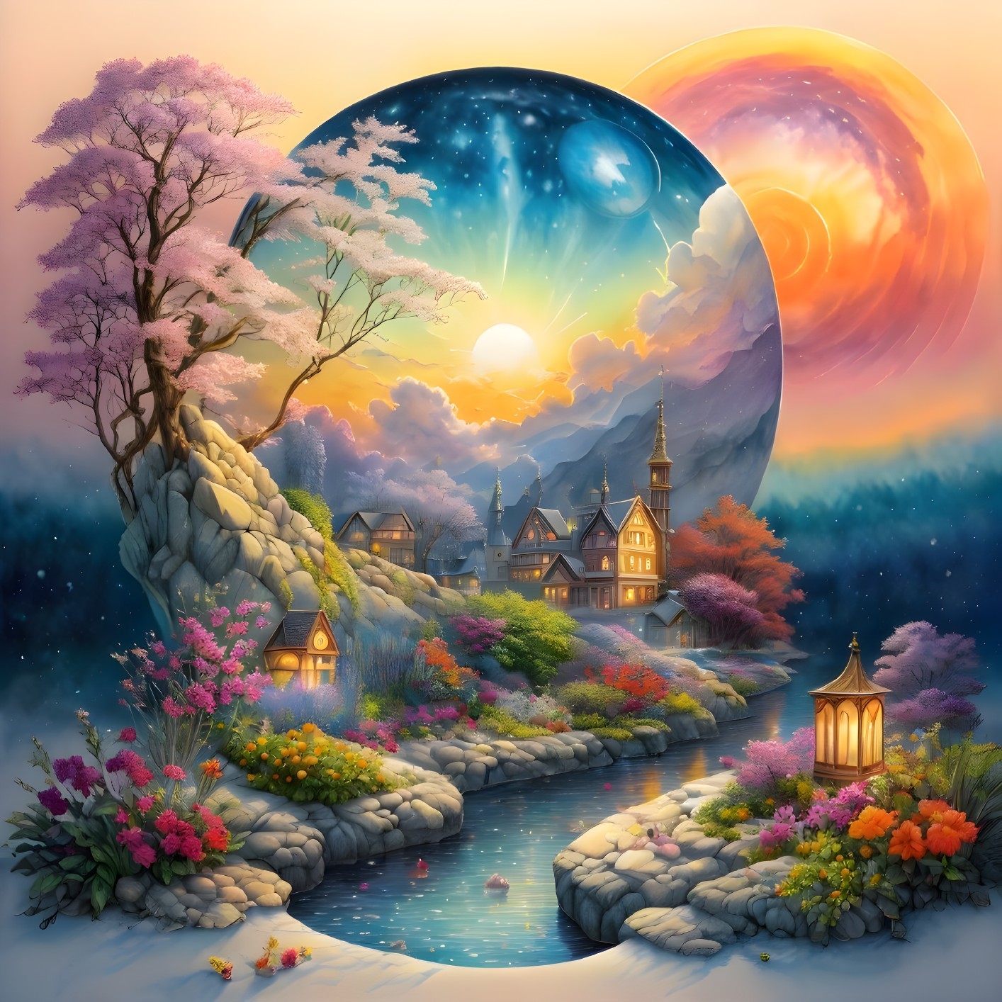 Vibrant village scene with cosmos portal and river view