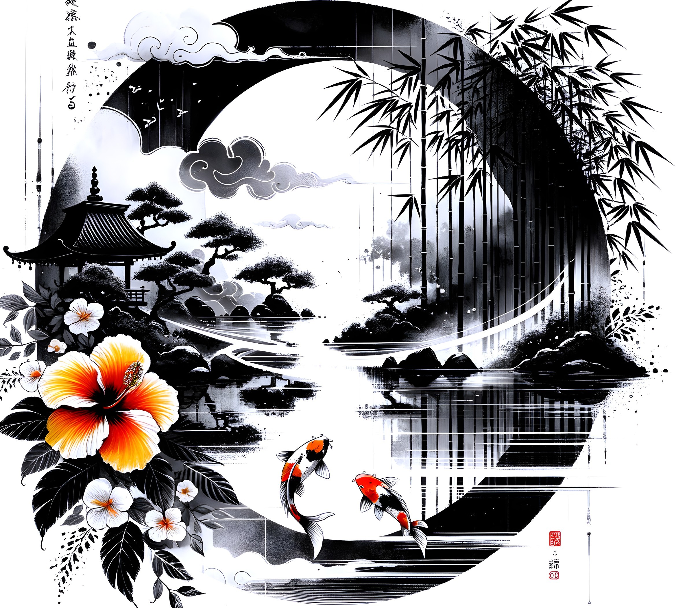 Serene Japanese Landscape with Pond and Koi Fish