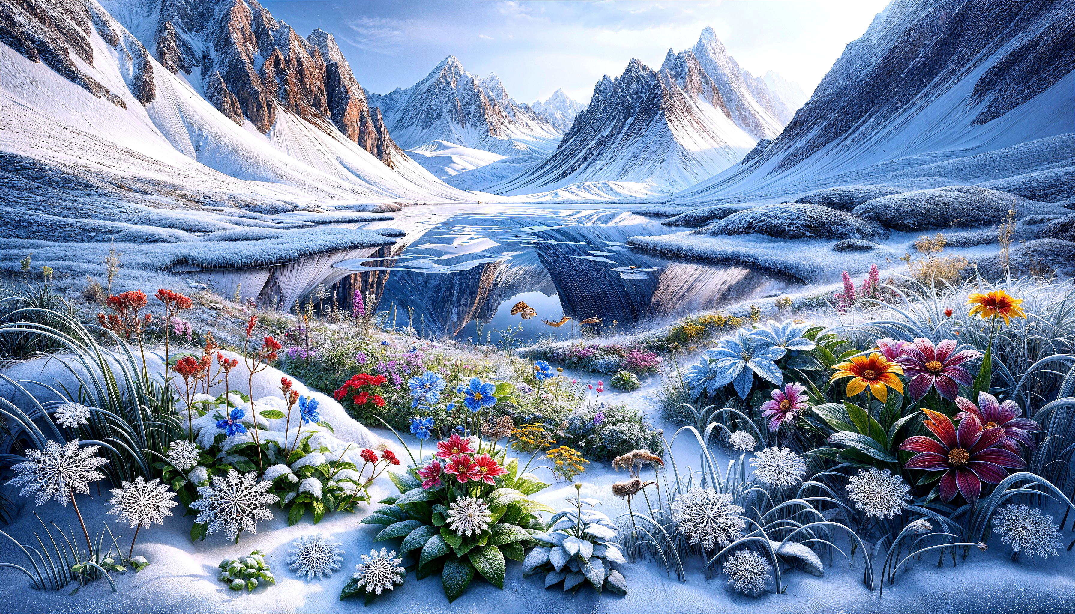 Winter Landscape with Snow-Capped Mountains and Flowers