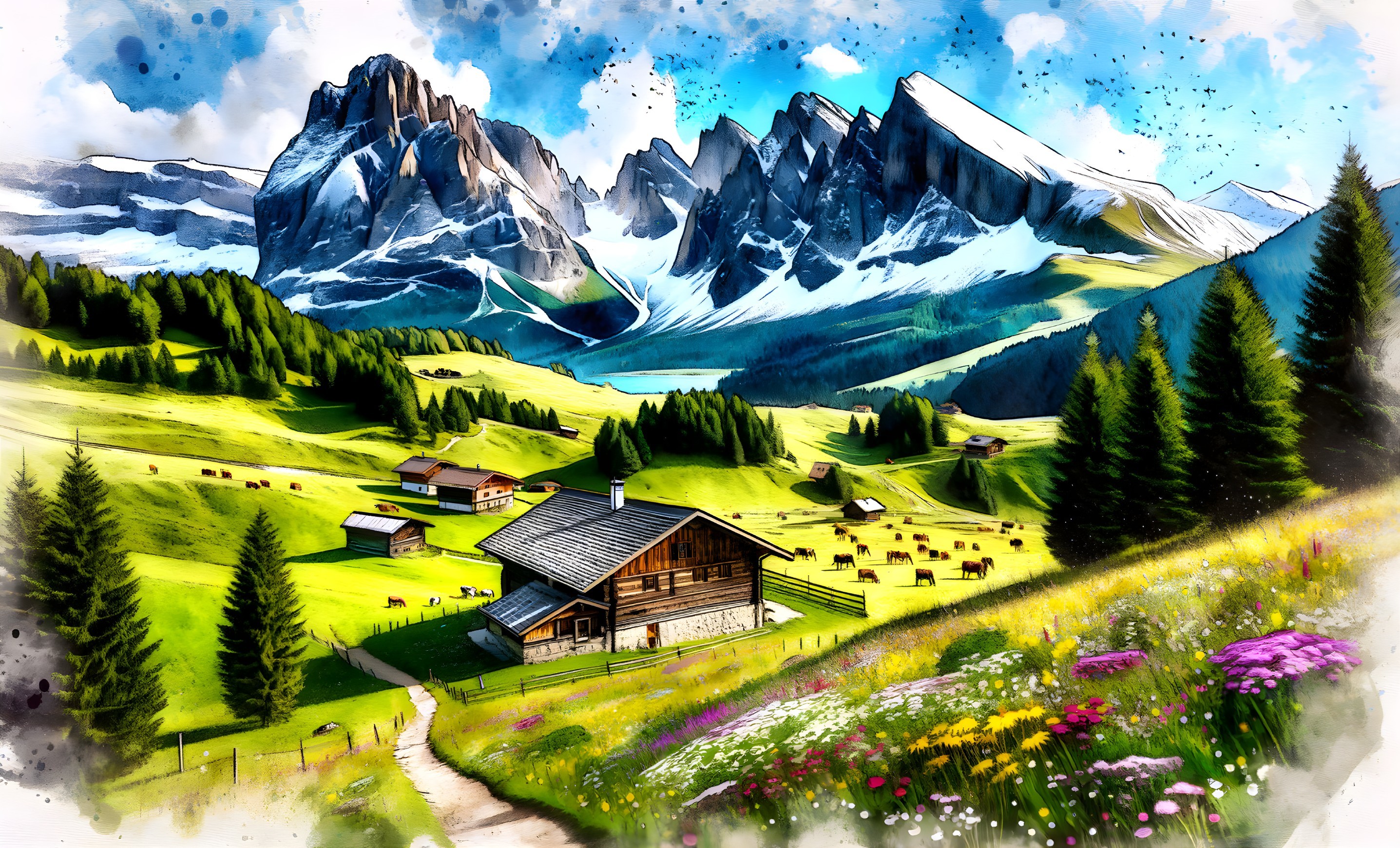 Alpine Landscape with Cabin and Snow-Capped Mountains