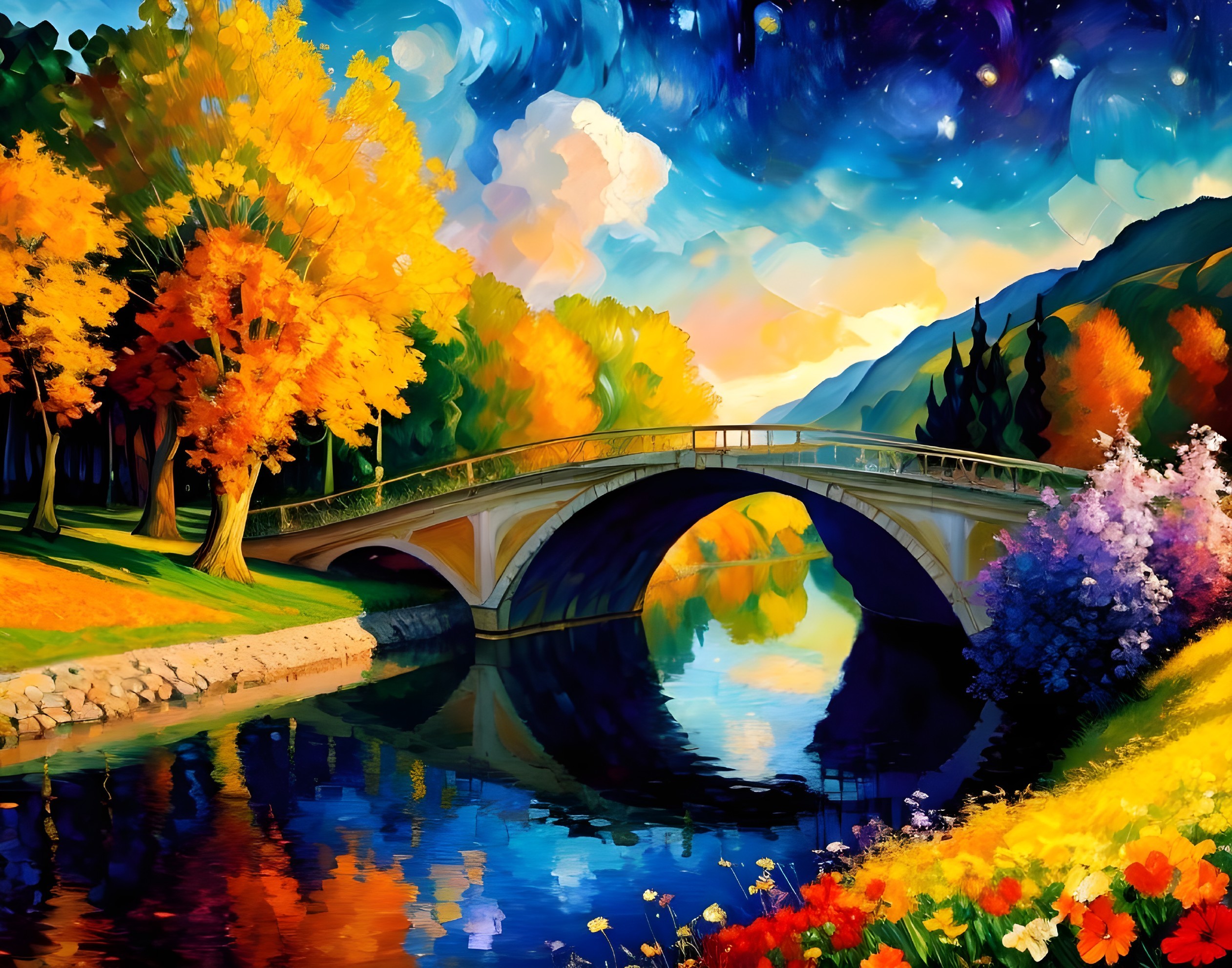 Colorful Autumn Landscape with Bridge Over River