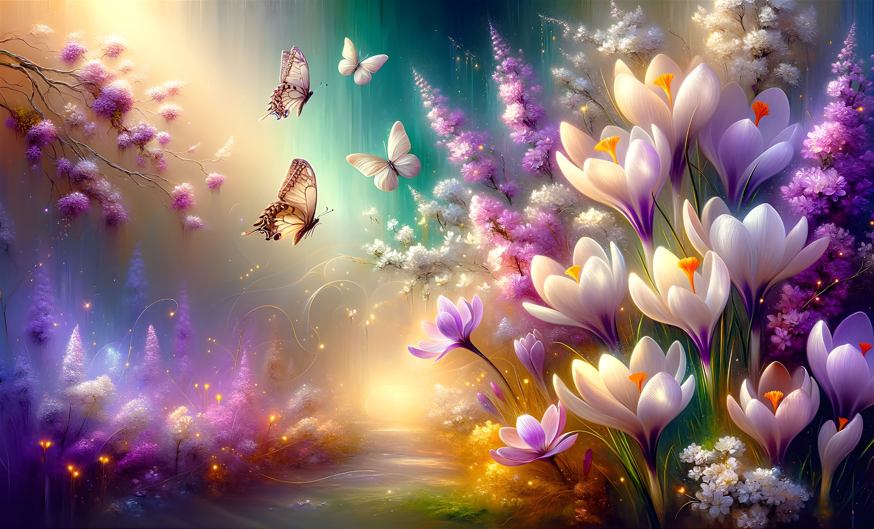 Vibrant Landscape with Blooming Crocuses and Butterflies