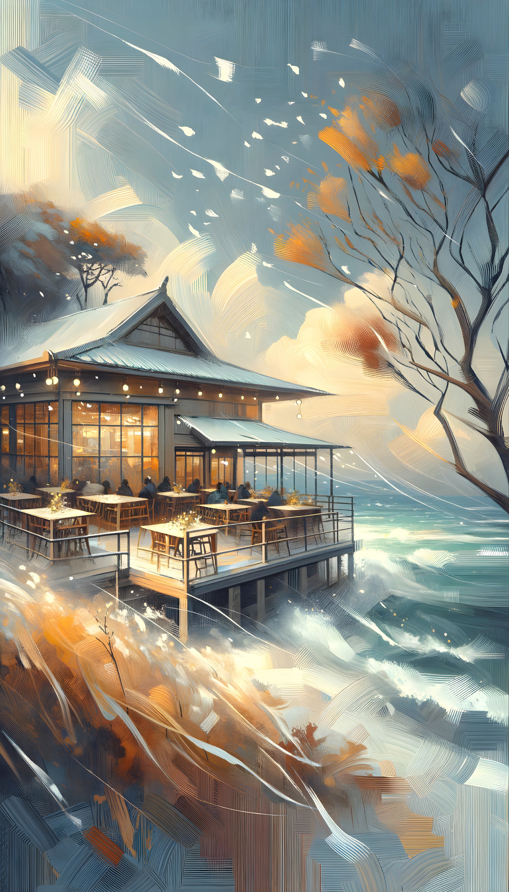 Seaside Restaurant with Autumn Foliage and Soft Light